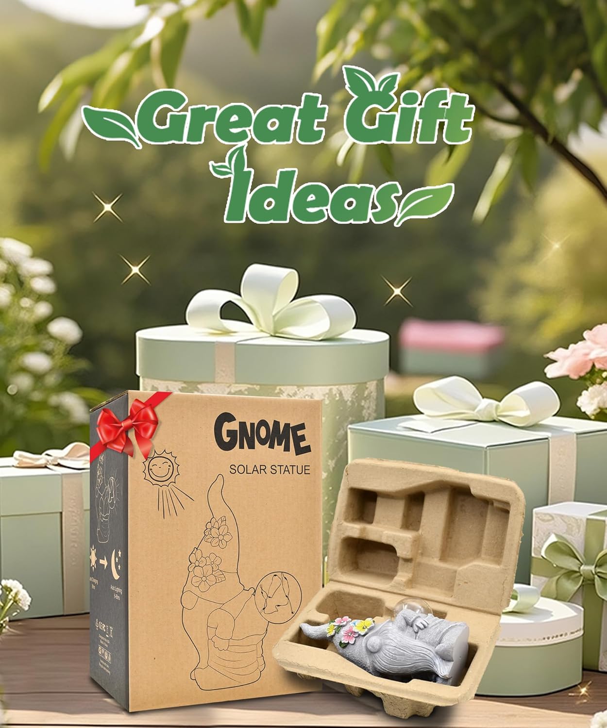 Funny Garden Gnome Statue with Lights, Outdoor Sculpture Decor for Home Yard Lawn Porch Balcony Patio,Gardening Gifts for Women Mom Grandma