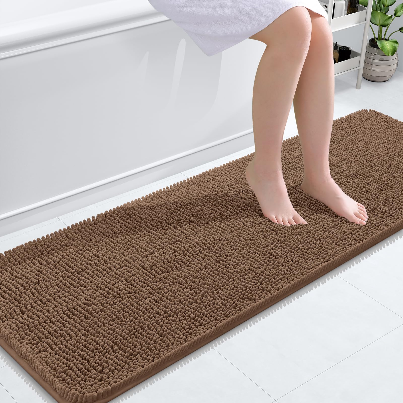 OLANLY Bathroom Runner Rugs 59x20, Extra Soft Absorbent Chenille Bath Rugs | Mocha, Quick-Drying Rubber Backing, Machine Washable Long Bath Mat for Bathroom Floor, Tub and Shower, Home Decor Accessories