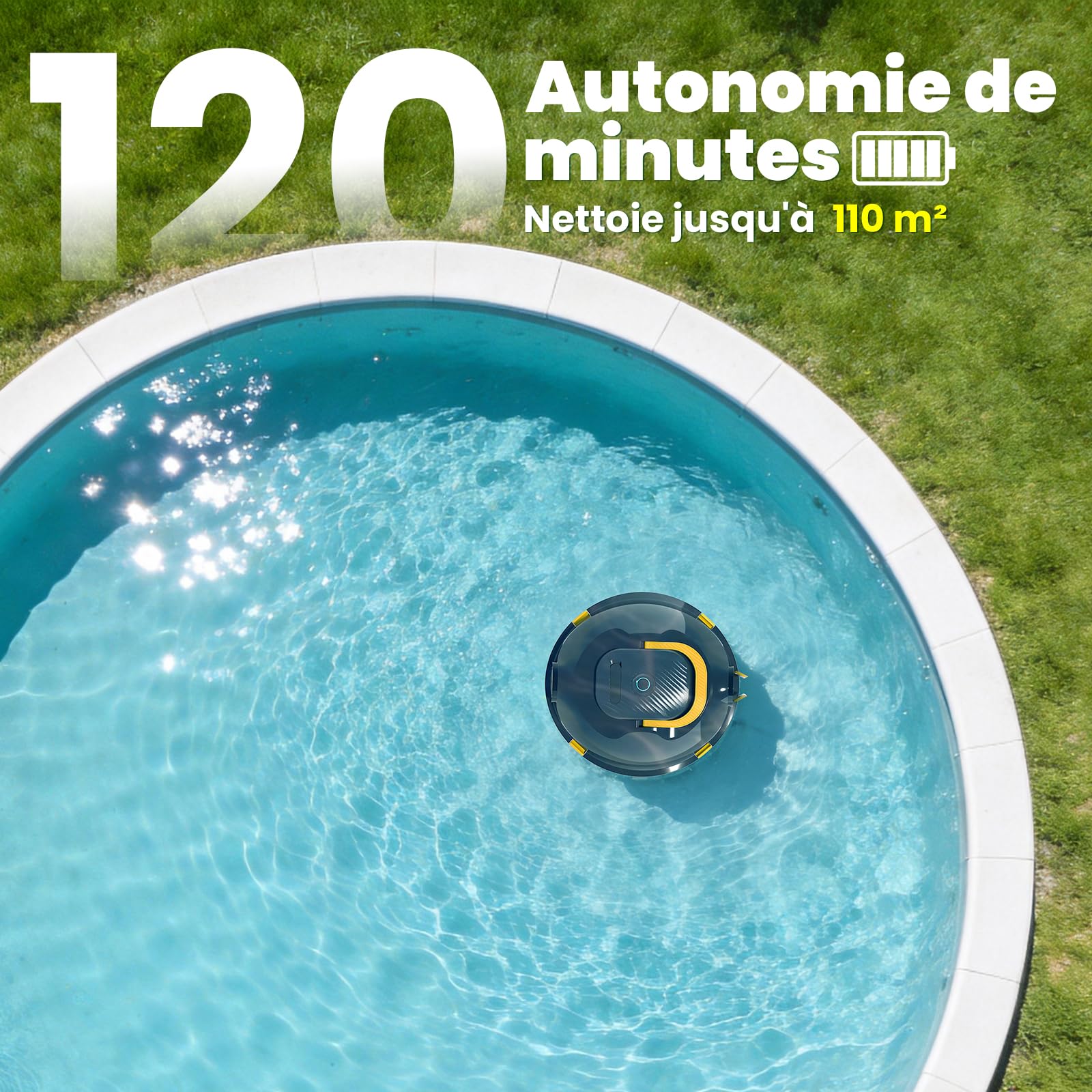 Robot Nettoyeur de Piscine sans Fil | Aspirateur de Piscine Automatique, 120 Min d'autonomie, Auto-Stationnement & Ultra Léger | Robot pour Piscine Hors-Sol ou Enterrée à Fond Plat jusqu'à 110 m²(BL)
