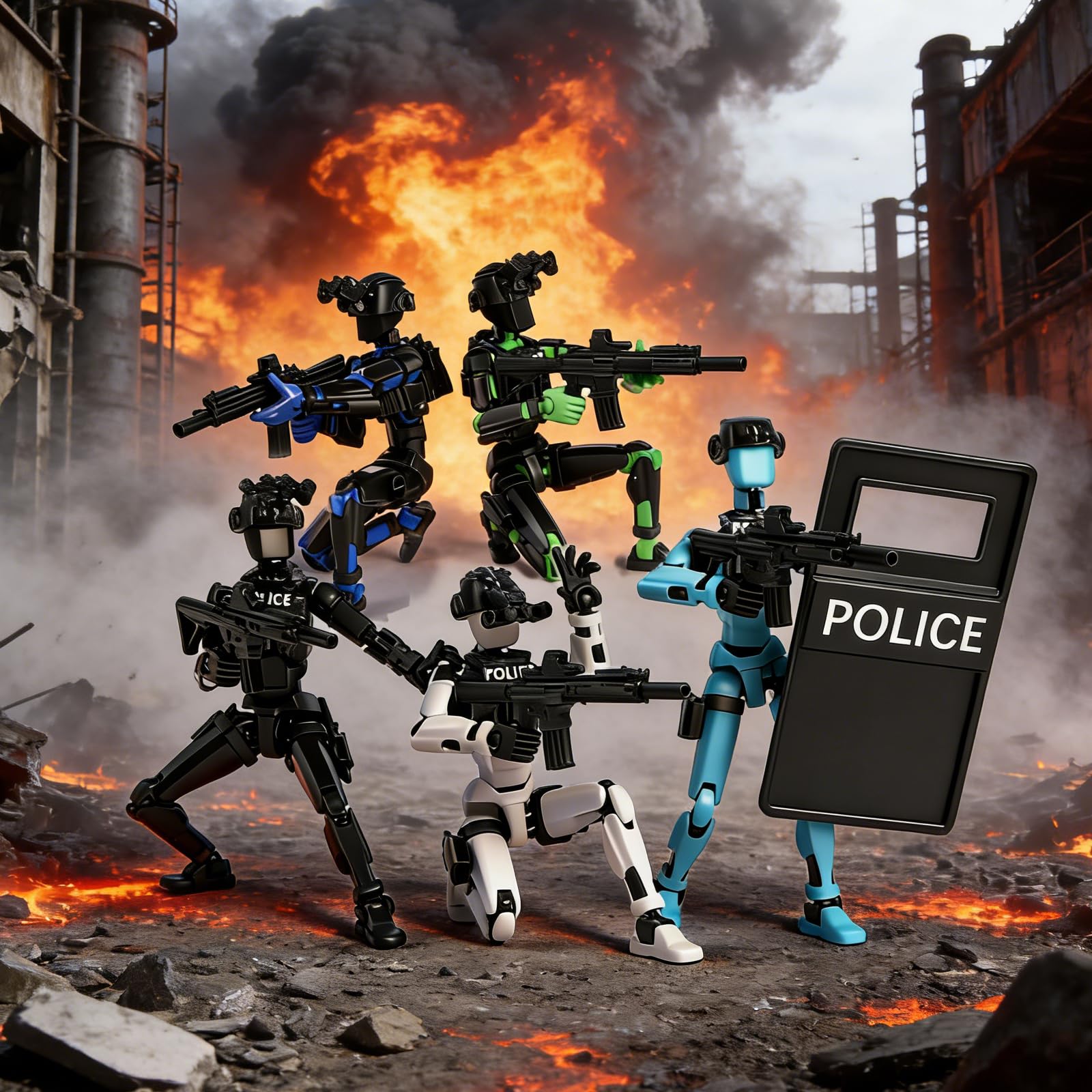 Juego de 5 figuras de acción de 13 escudos de policía impresos en 3D, T13 Titanes T13, 13 figuras de acción de robot móvil que luchan contra T13 con armas, kit completo de construcción coleccionable