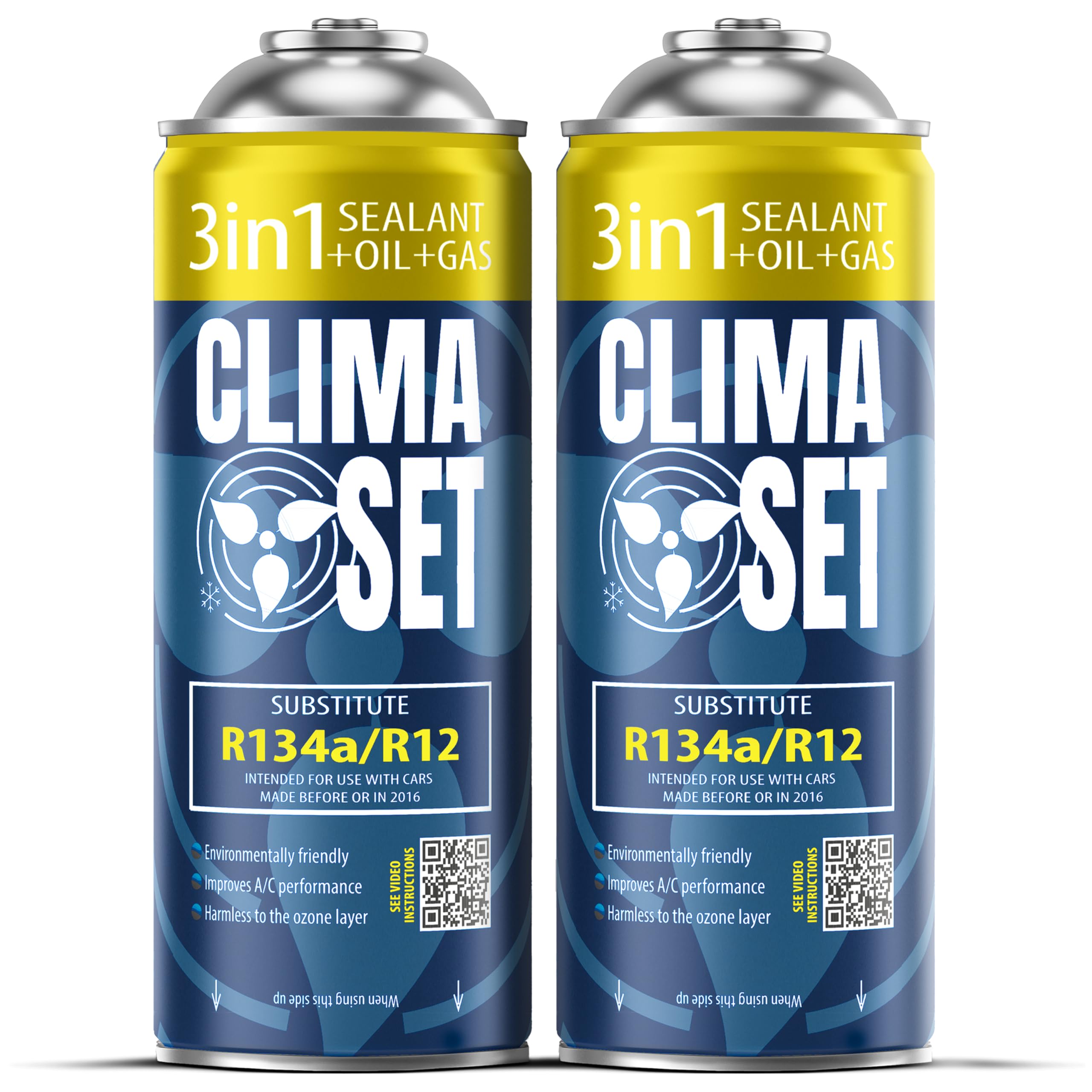 R134 Réfrigérant de Climatisation 3 en 1 avec Produit d'Etanchéité et Huile - pour Climatisation Auto - Réfrigérant pour Climatiseur Auto - 2 Canettes de 170 g ECO