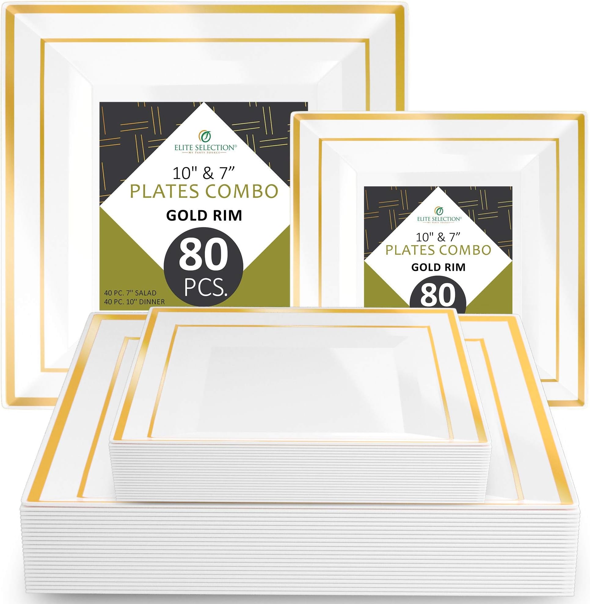 ELITE SELECTION Disposable Plastic Plate Set - 80 Pack Premium Quality Dinnerware with 10.25” Dinner and 7.5” Salad Plate (40 Count Each) with Elegant Gold Trim for Wedding, Birthday, Party