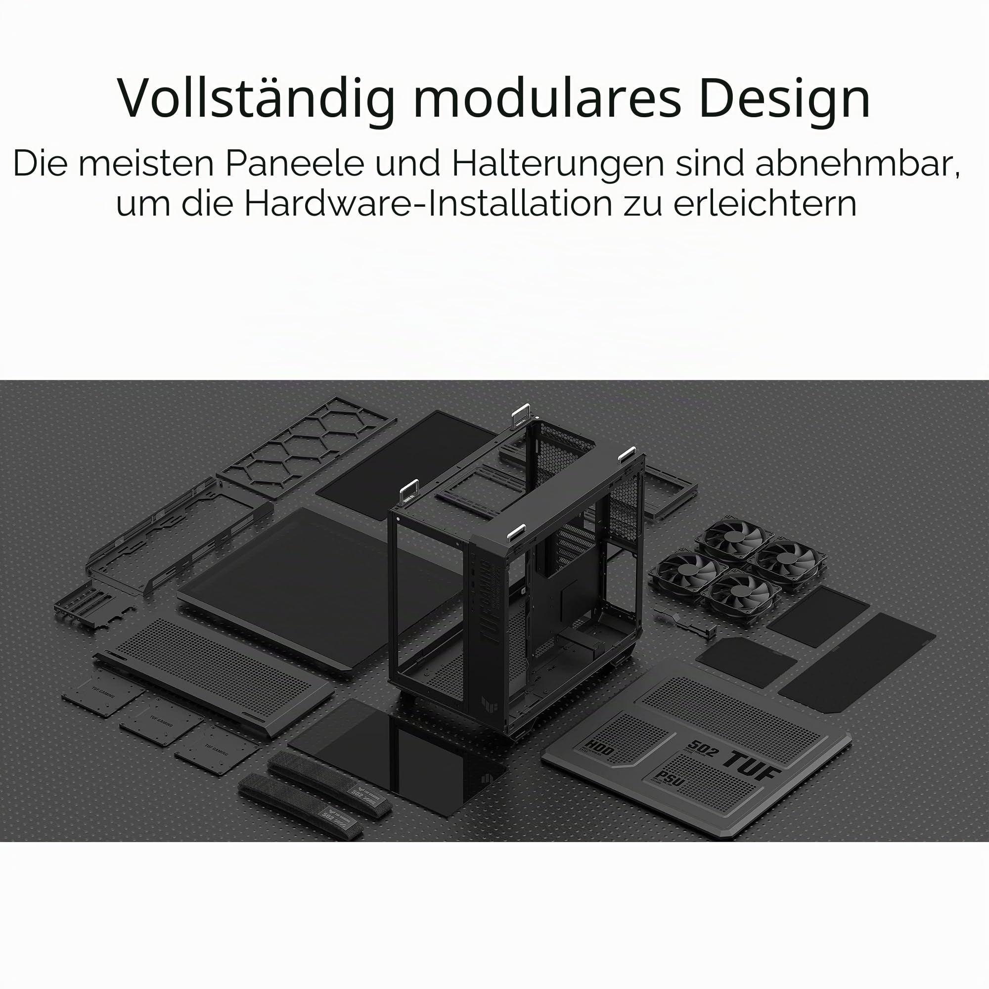 ASUS TUF Gaming GT502 Plus TG Black modulares PC Gehäuse | Zweikammer-Gehäuse, bis 3 Positionen für 360-mm-Radiatoren oder bis zu 13x120mm-Lüfter, Glasscheiben Panoramablick, schwarz