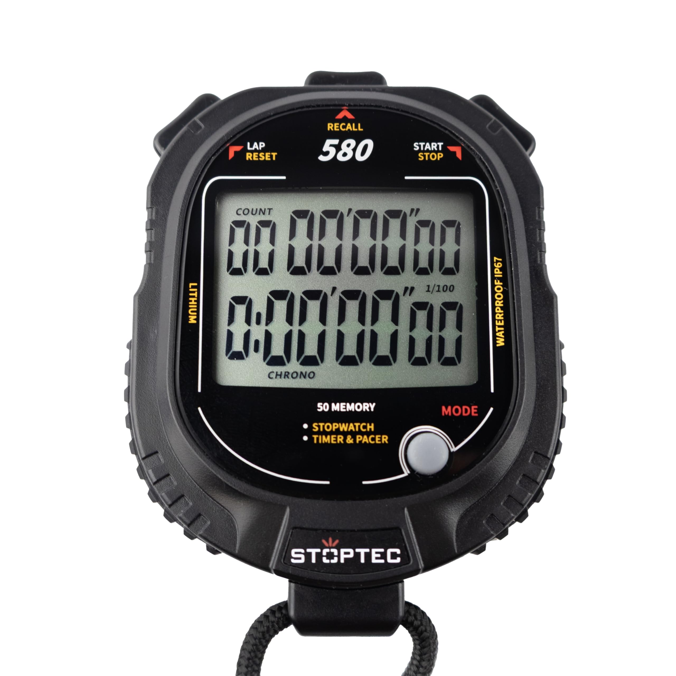 Stoptec Cronometro 580, grande display a 2 righe, meccanismo a punto di pressione, 50 memorie, timer, Pacer, resistente alla polvere e all'acqua (IP67)