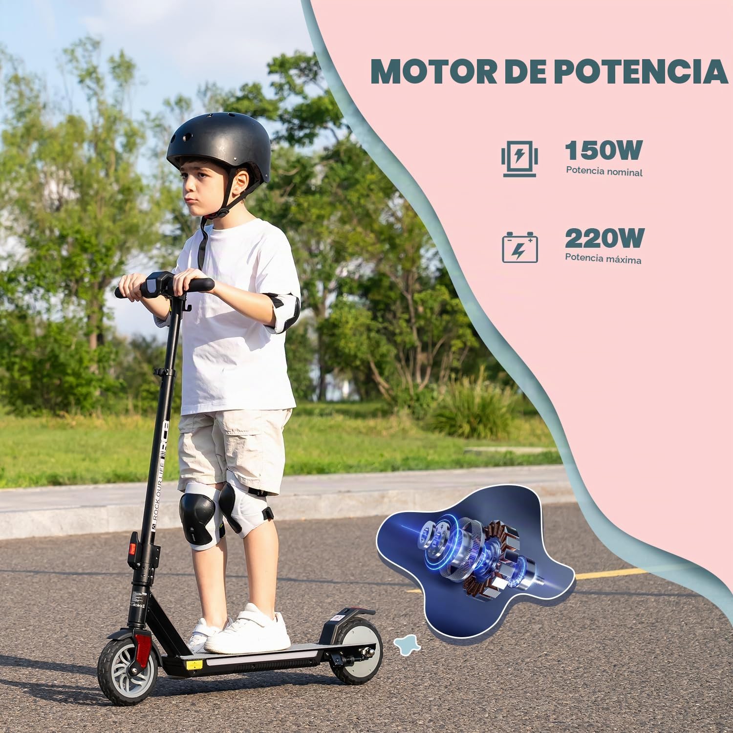 RCB R12 Pro Patinete Eléctrico Niños para 6-12 años, hasta 18km/h y 15km, 3-Altura Ajustable, 7" Plegable Patinete Eléctrico,Luces de Arco Iris,Pantalla LED, Regalos para Niños