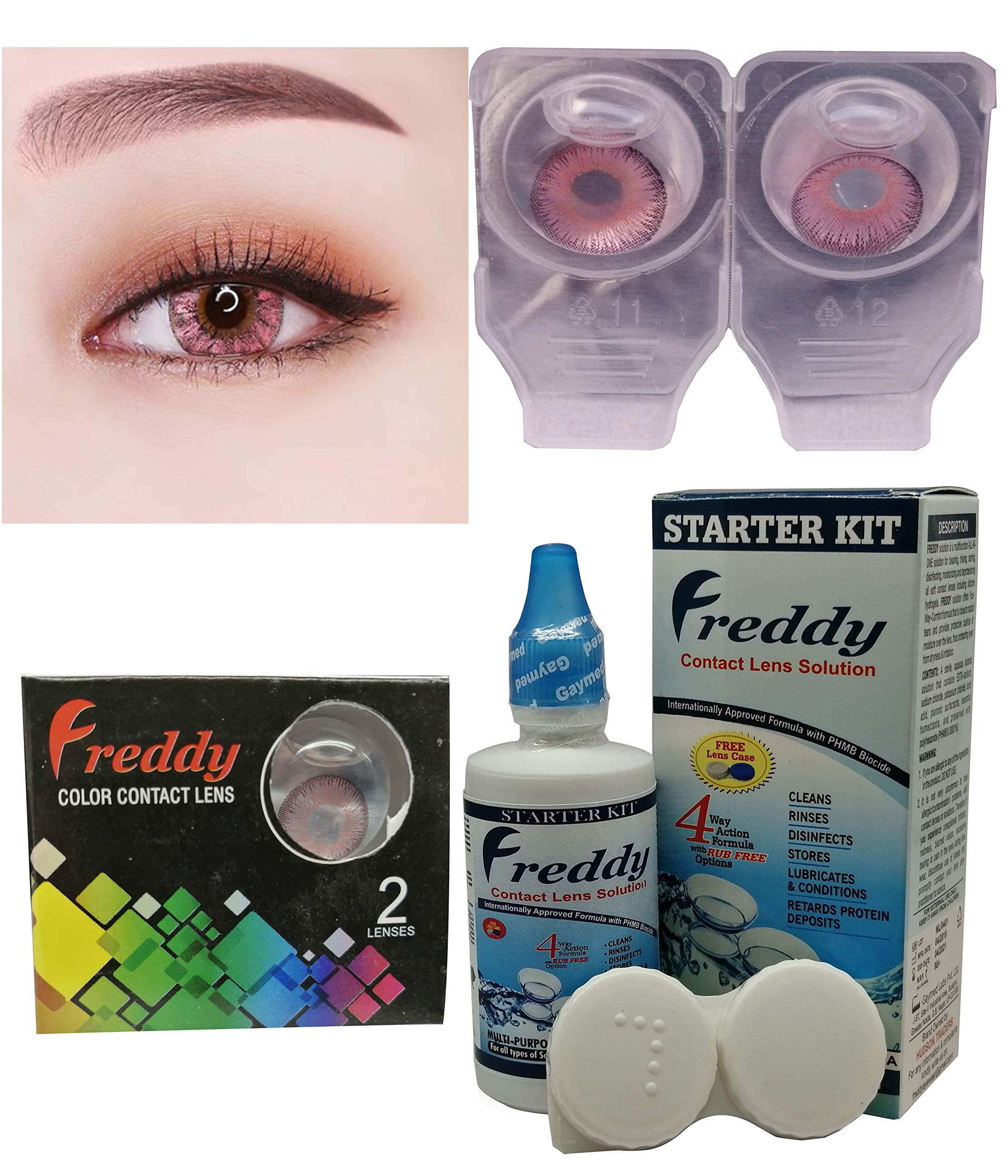 Freddy Monthly Color Contact Lenses (Zero Power) with Free Lens Solution & Lens Case/Container Kit (Pink)-image-20