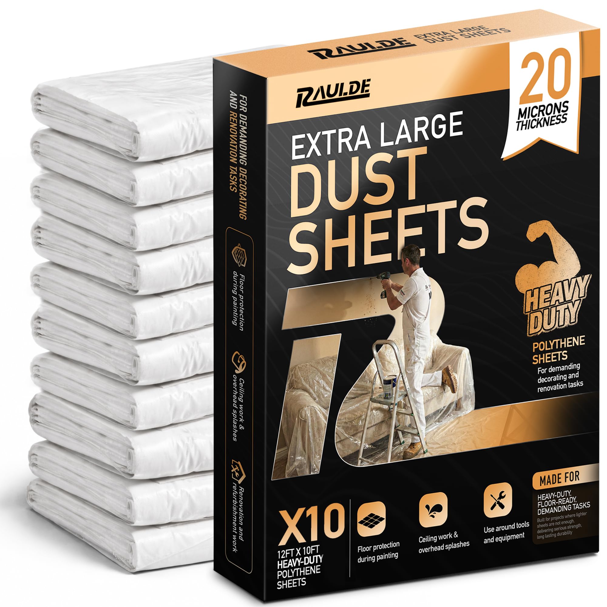 RAULDE Plastic Dust Sheets for Decorating Heavy Duty 12x10FT – 10 Pack Clear Plastic Sheeting – 20 microns Waterproof Floor Protection Sheet for Painting, Furniture Cover & DIY – Polythene Sheets