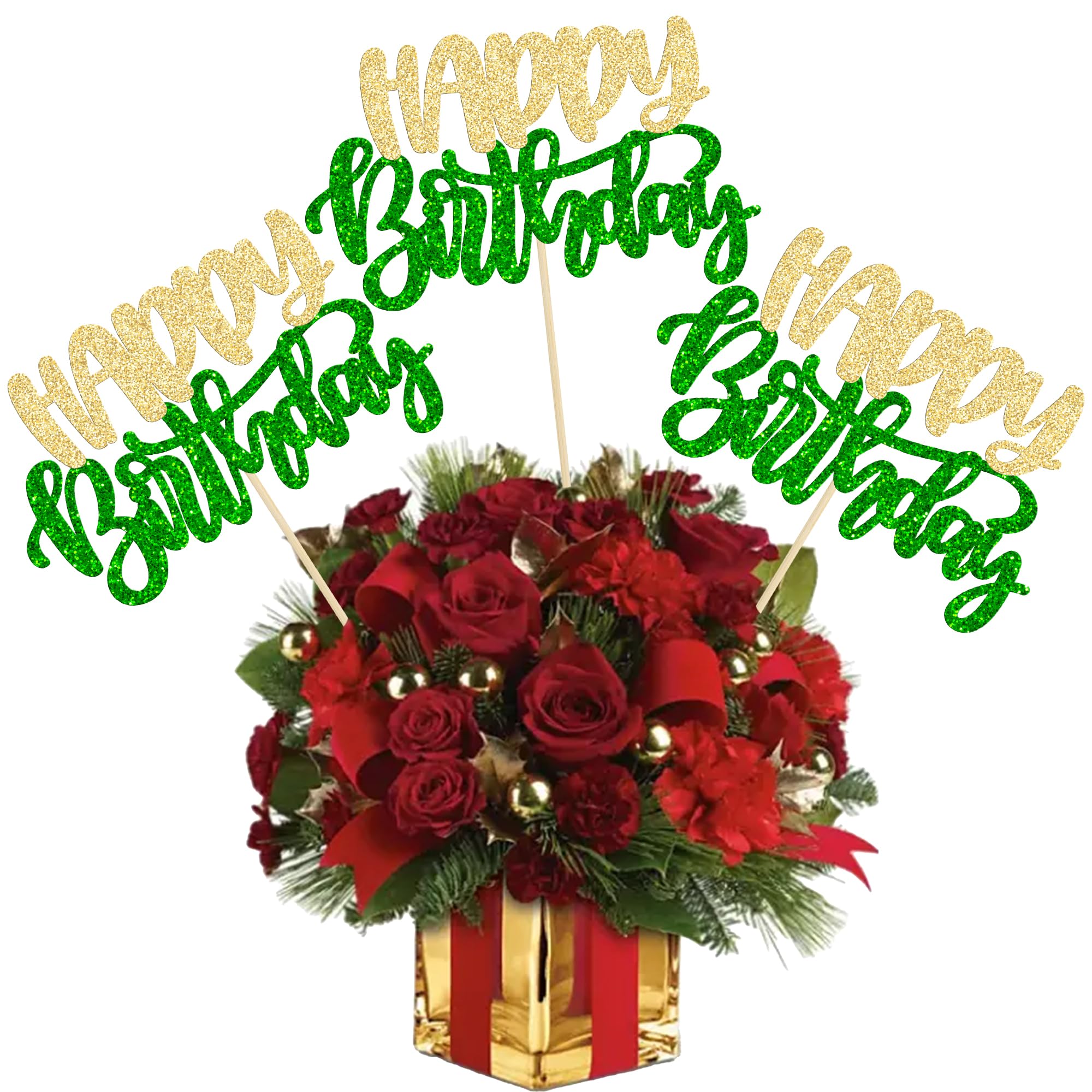 Gyufise 12Pcs Happy Birthday Centerpieces Sticks Double Sided Glitter Birthday Party Decorations Anniversary Table Flower Centerpiece for Celebrating Party Supplies Green Gold