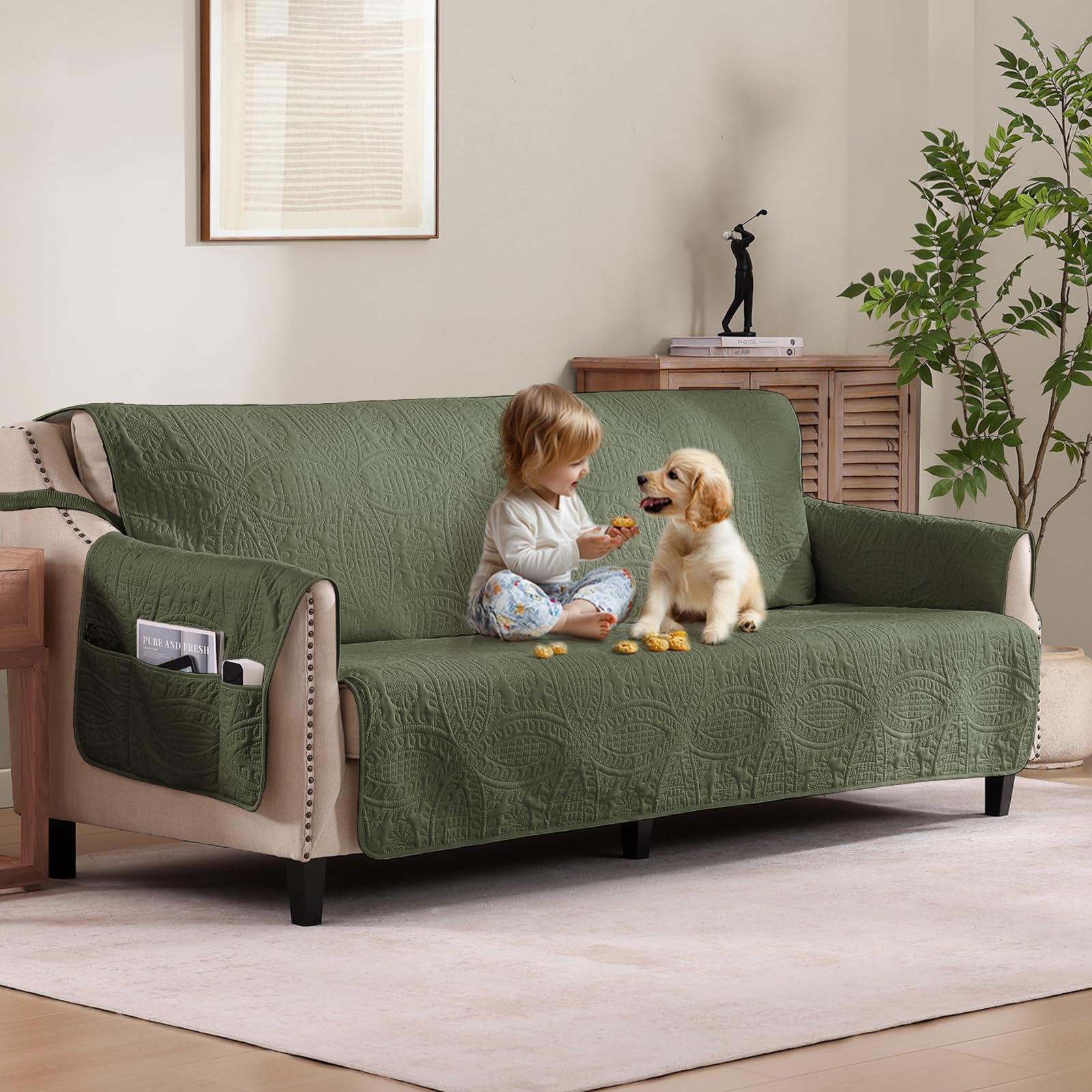 Olive Green Quilted Couch Cover with Pockets for Extra-Large Sofa, Anti-Slip Sofa Covers for Dogs Washable, Pet Friendly Oversized Sofa Cover Water-Repellent (X-Large Sofa 78", Olive Green)