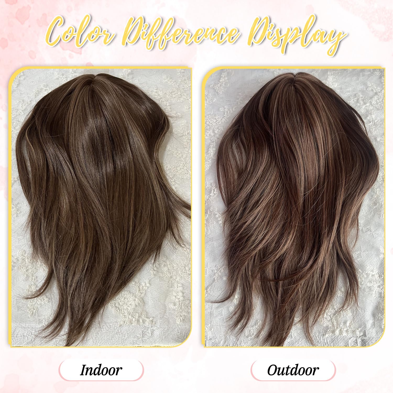 Ms Taj 12 Inch Hair Topper for Women with Thinning Hair, 6.5x6.5 Large Base Synthetic Hair Topper with Bangs, Ladies-Dark Golden Brown with Highlights