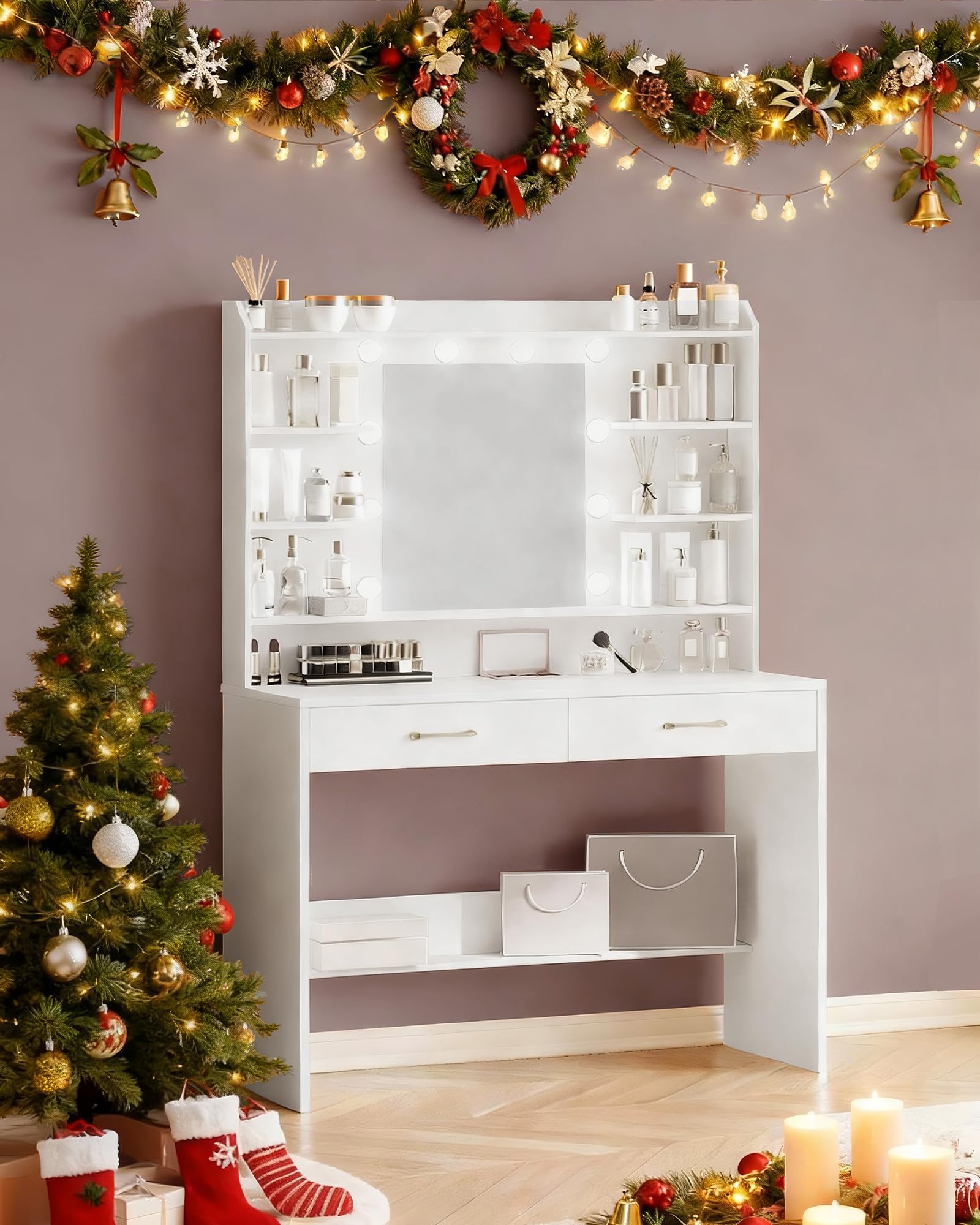 Hzuaneri Tocador de Maquillaje, con Espejo y luz LED, Estilo Moderno, Estación de Maquillaje con Estantes Abiertos y 2 Cajones, para Dormitorio, Salón, 40 x 100 x 149 cm, Blanco DT38703X