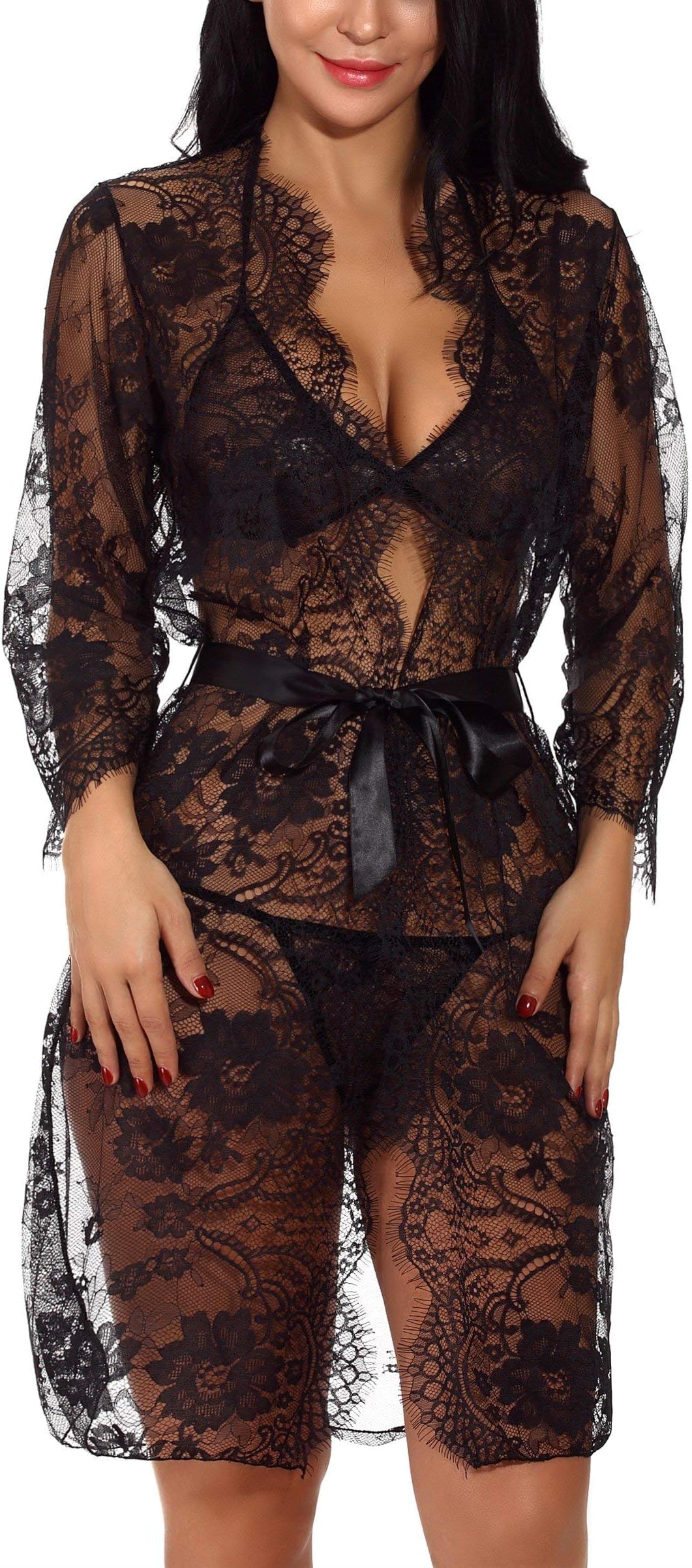 Women's Sexy Lace Long Robe Lingerie Set(4 Pieces)(Black-XXXL)