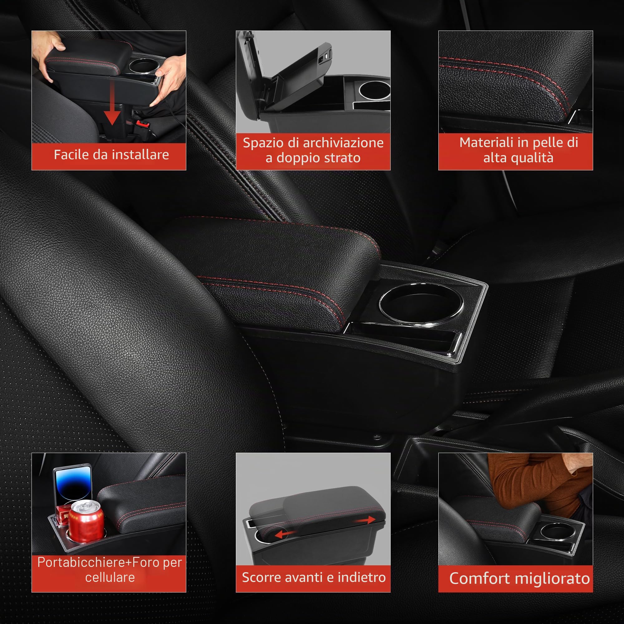 Bracciolo per Auto per Nissan Micra K13 2010-2022 Console Centrale Dell'auto Doppio Strato di Spazio con Portabicchieri Facile da Montare Pelle Confortevole e Resistente Nero (Linea Rossa) | Due ripiani, con portabicchieri, facile da montare, in pelle PU,