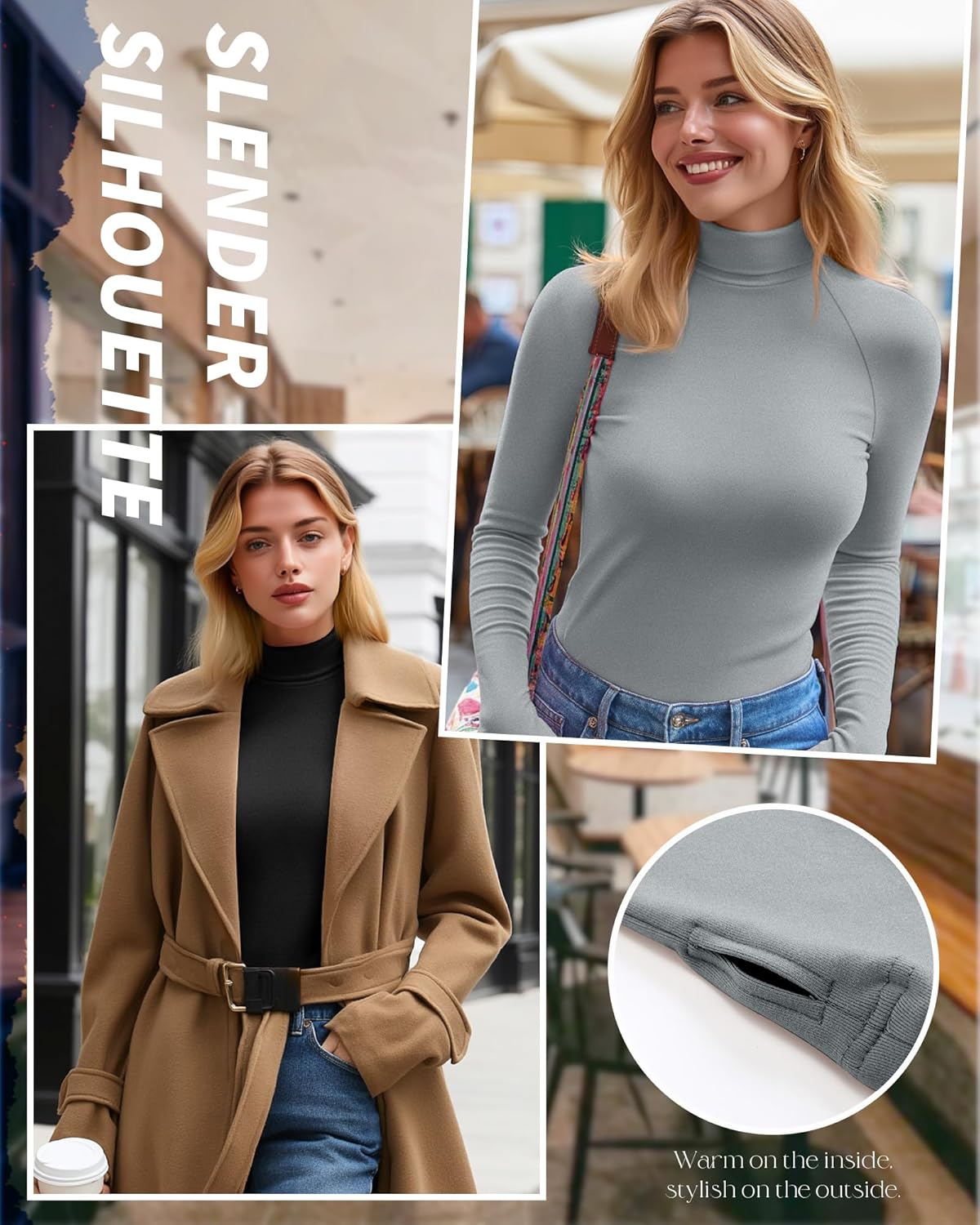 3 Pack Women's Turtleneck Shirts Long Sleeve Slim Fit Thermal Underwear Tops Mock Neck Base Layer with Thumb Holes - Image 3