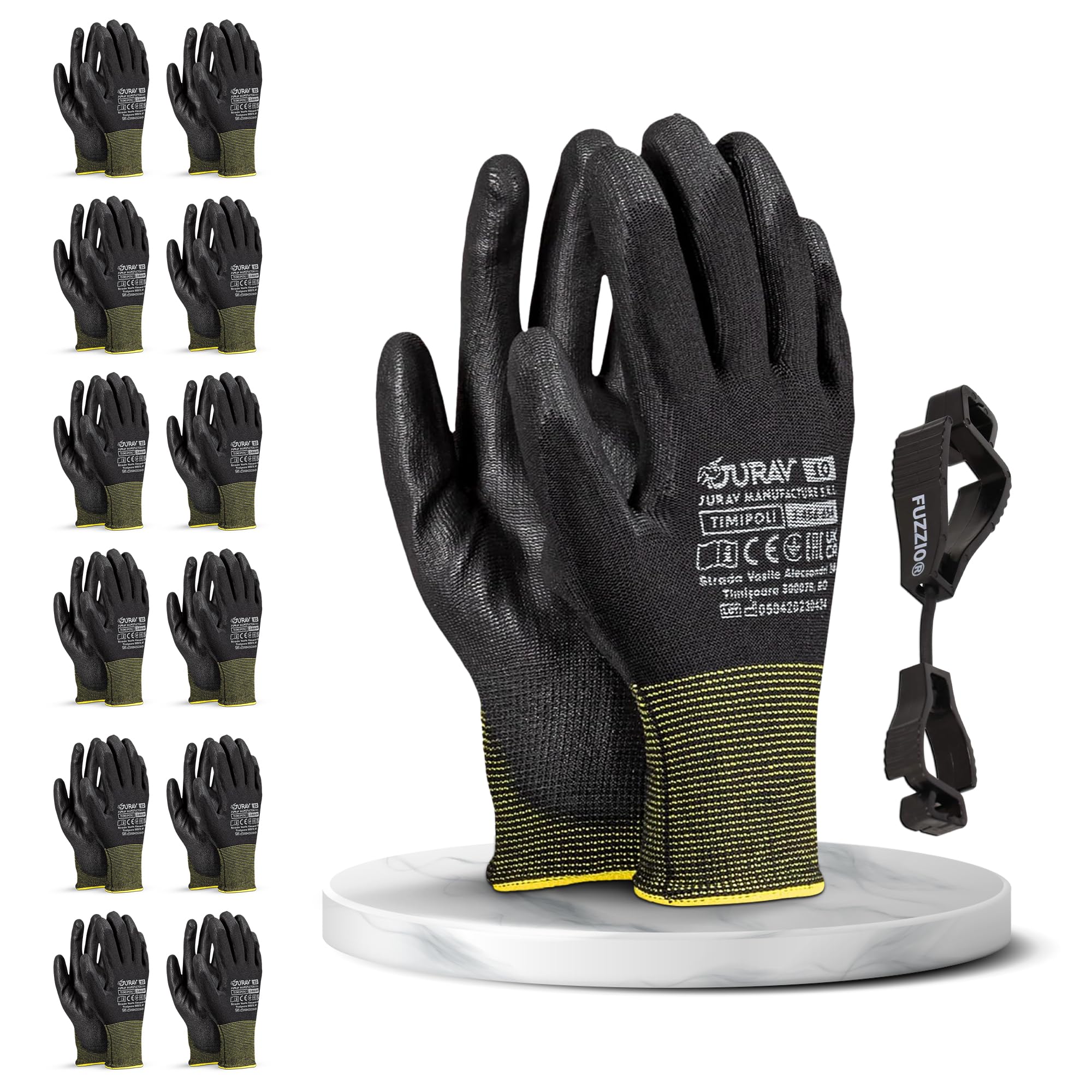 FUZZIO 12 pairs Jurav PU coated work gloves glove clip (XL-10, black)