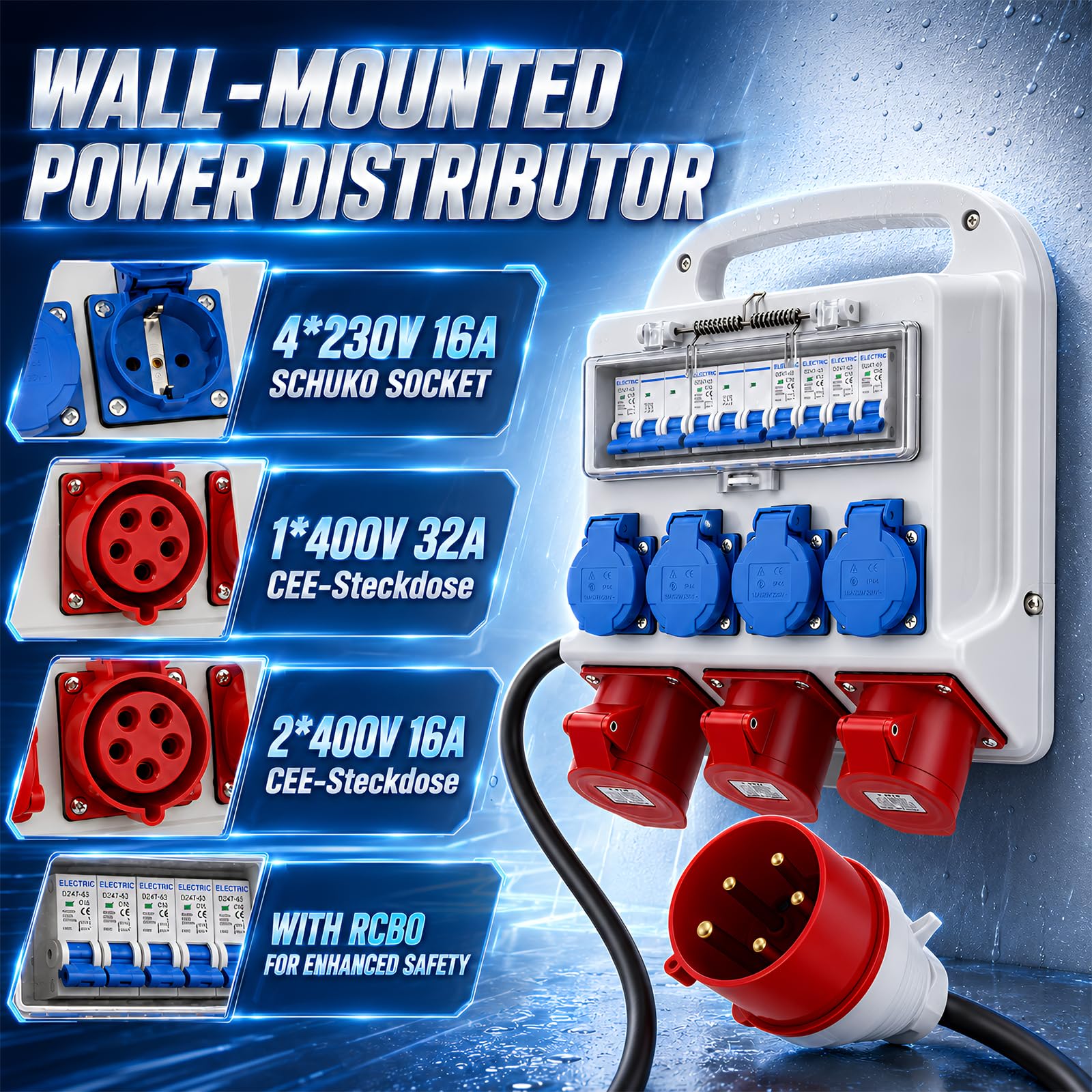 Coffret Électrique de Chantier, 32A Répartiteur de Courant avec 2x CEE 16A & 1x CEE 32A & 4x 230V Schuko, IP67 Tableaux à Disjoncteurs Électriques avec Disjoncteur FI, pour Intérieur Extérieur
