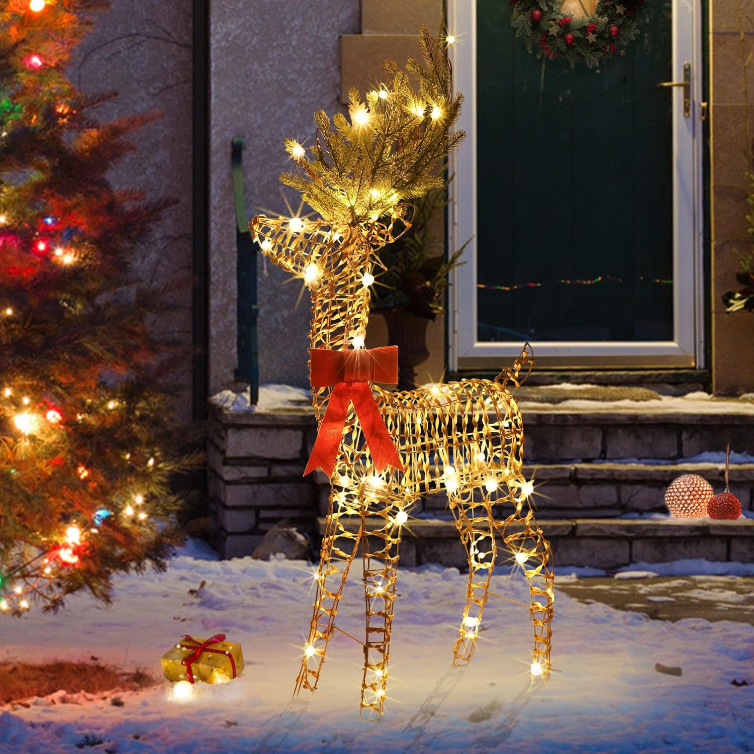 LightsUp Christmas Reindeer Outdoor, 51″ H Lighted Reindeer Outdoor Christmas Decor 70 Warm White LED, 3D Rattan Deer Standing Twinkle Deer for Home Yard Patio Garden Outside Decorations LightsUp Christmas Reindeer Outdoor, 51″ H Lighted Reindeer Outdoor Christmas Decor 70 Warm White LED, 3D Rattan Deer Standing Twinkle Deer for Home Yard Patio Garden Outside Decorations