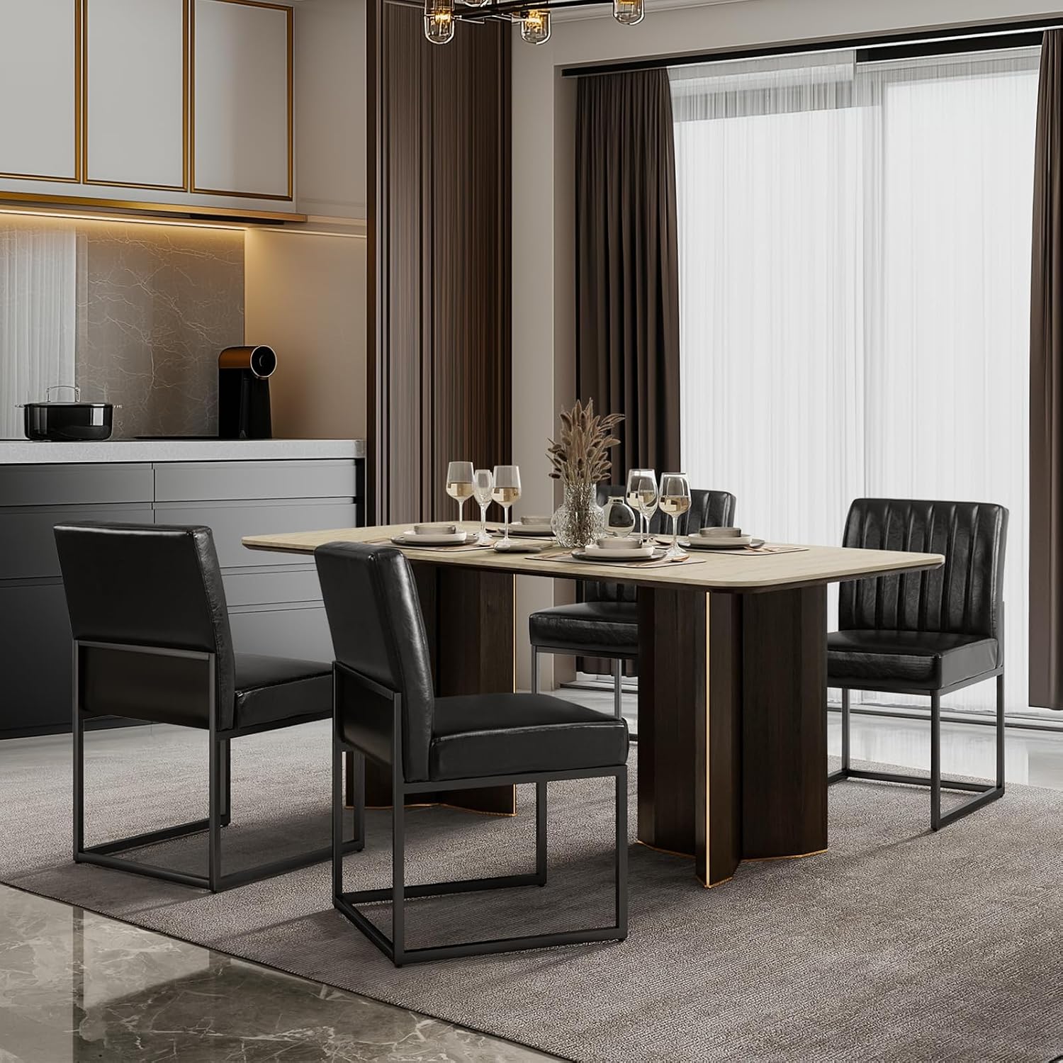 SIMTONAL Modern Dining Chairs Set of 2, Leather Dining Room Chairs Upholstered Mid Century Armless Guest Side Chair with Black Base, Industrial Black 2PCS
