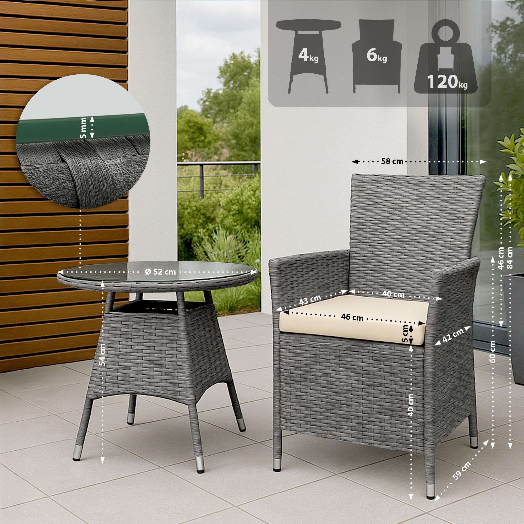 CLP Gartenmöbel-Set Fireda, 3-teilige Sitzgarnitur, aus PE-Rattan, mit Couchtisch, inkl. Sitzkissen & Tischplatte aus Sicherheitsglas, Farbe:grau-meliert
