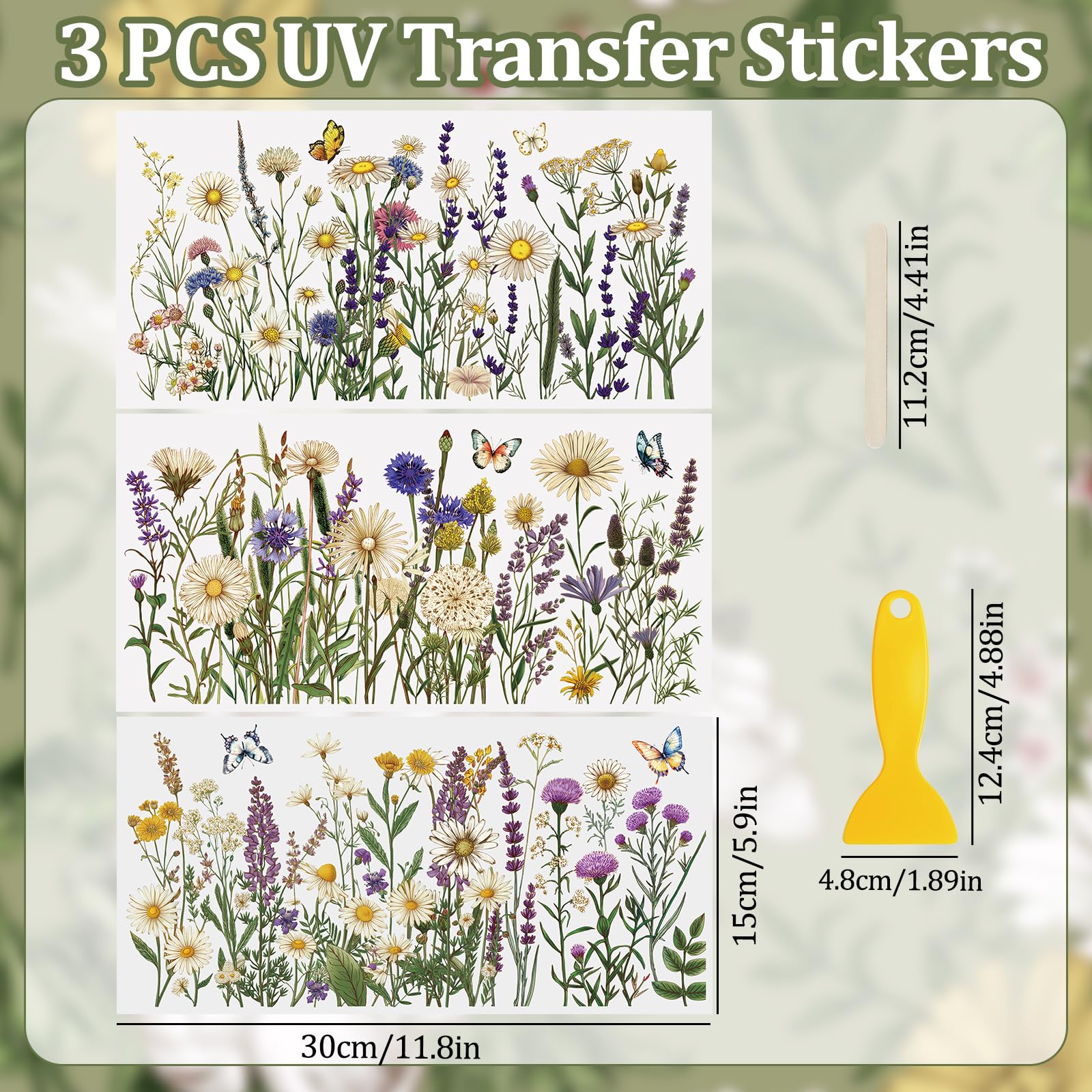 WANDIC Lot De 3 Feuilles Autocollants UV 3D Bouquets - 15x30cm Imperméables