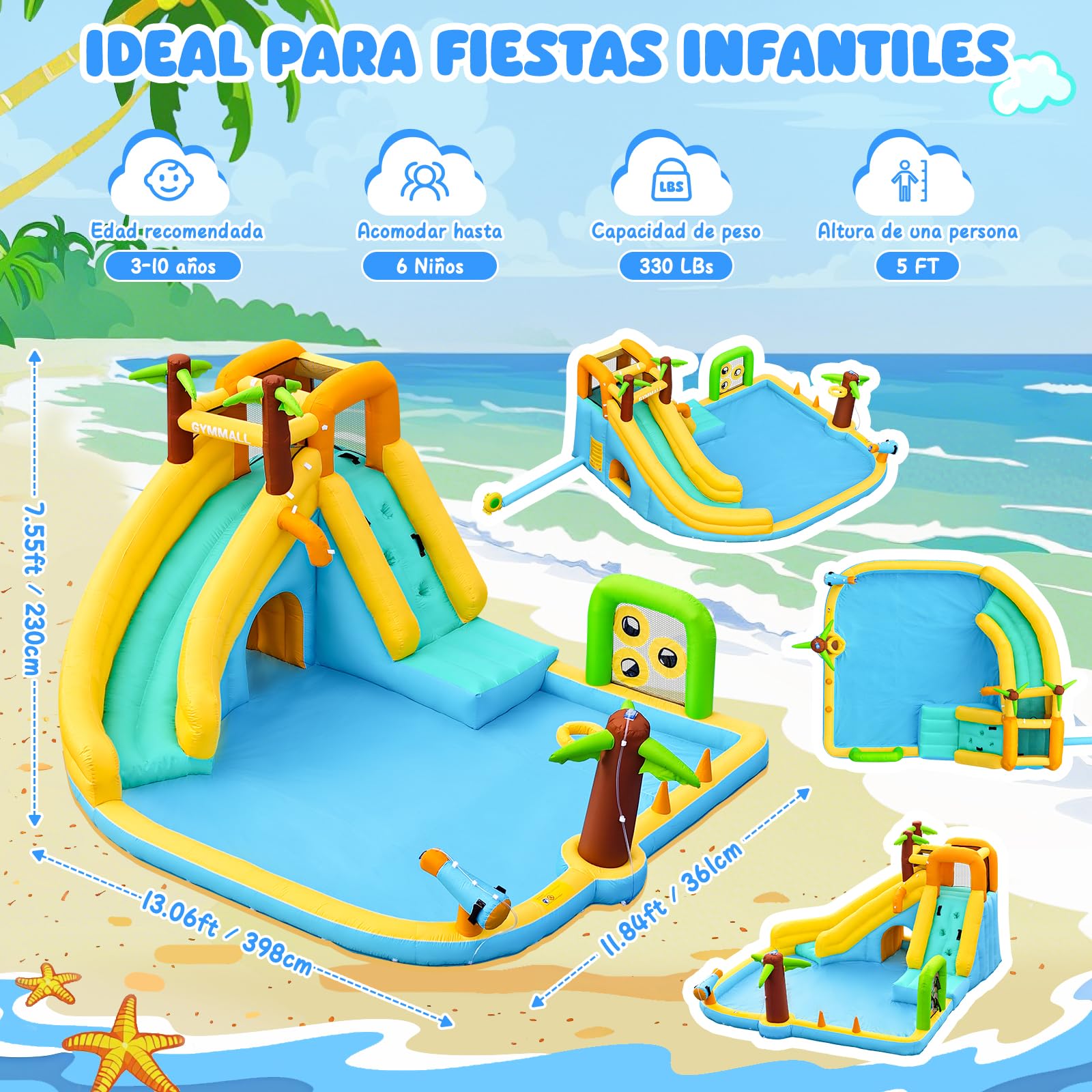 Tobogán Inflable de Agua con Ventilador 450W - Castillo Hinchable 10-en-1 para Niños en Interior y Exterior con Piscina, Aspersores y Tobogán Largo