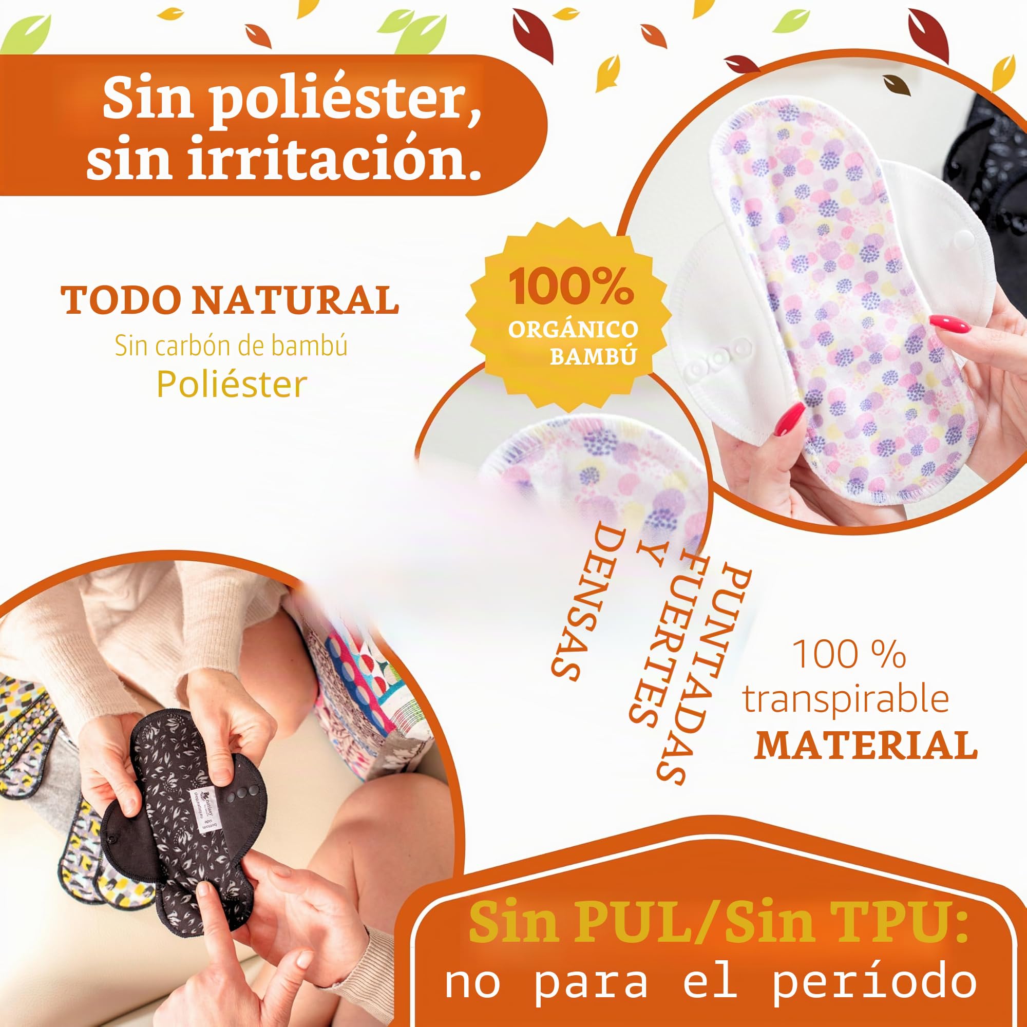 Salvaslip reutilizables antideslizantes en bambú orgánico para flujo blanco (S, 7 uds.); lavables a alta T°, 100% transpirables, salvaslip de tela sin olores, protección femenina diaria (sin PUL)