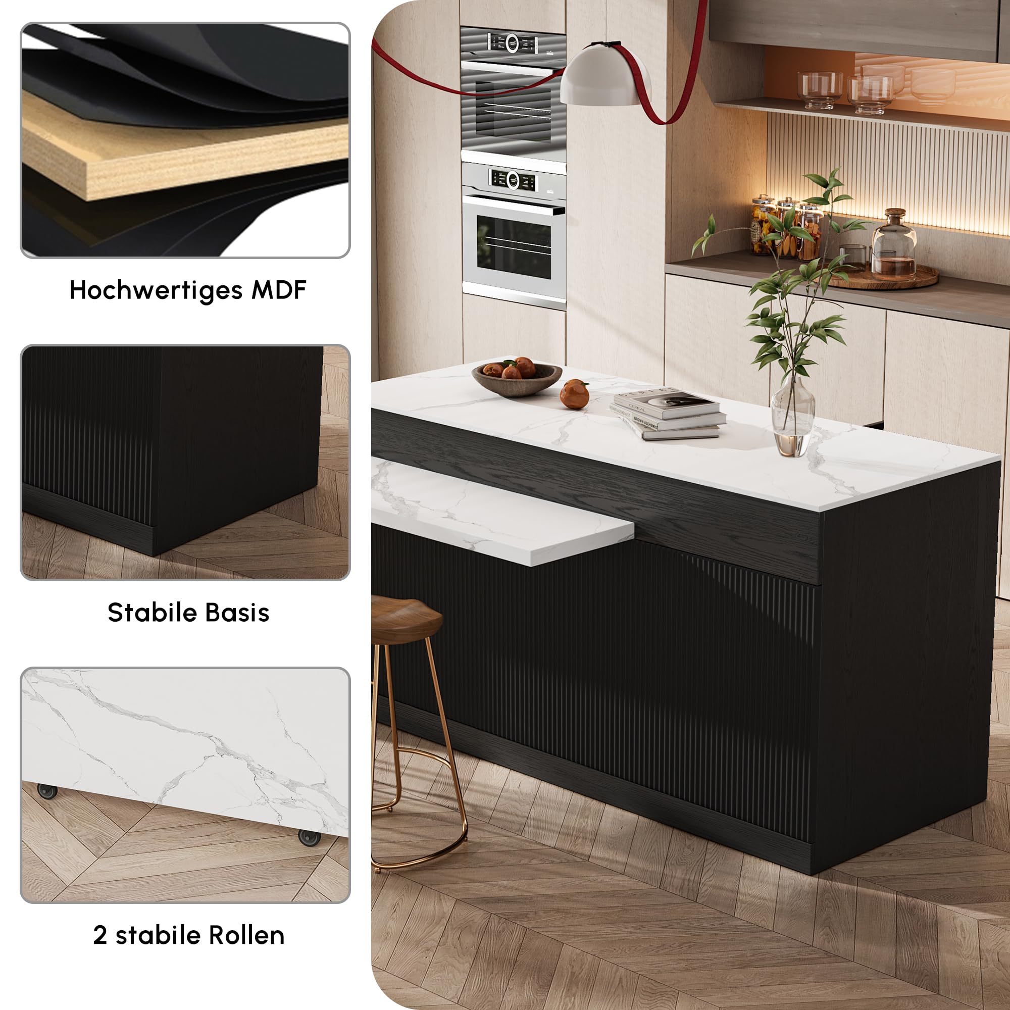Homary Ausziehbarer Kücheninsel Freistehend Schwarze mit Stauraum und Sinterstein Arbeitsplatte, Umwandelbarer Esstisch für Küche und Esszimmer, 205-268cm x 90cm