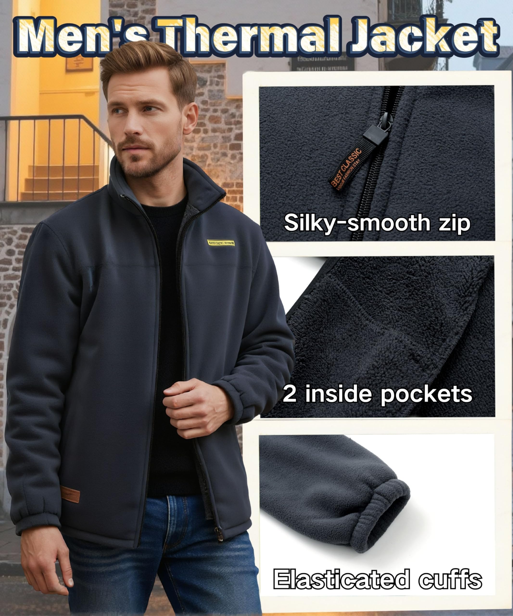 Hombres Chaqueta de Forro Polar Invierno Cuello Alto Ligero Chaqueta con 4 Bolsillos Cremallera Completa Manga Larga Senderismo Trekking Deportiva