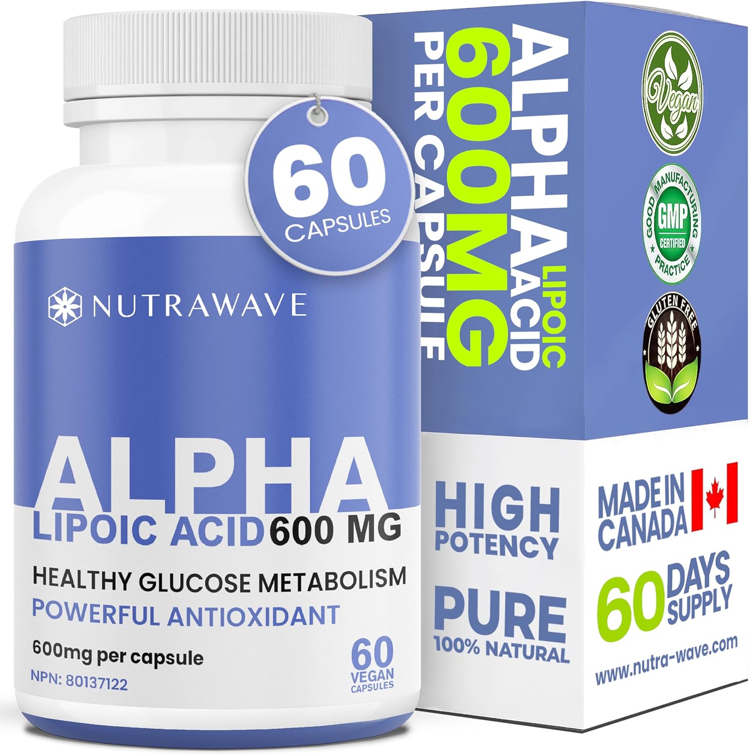 Nutrawave 600mg Alpha Lipoic Acid Capsules, ALA Neuropathy Supplements for Improved Glucose Metabolism. Powerful Source of Antioxidants, Non-GMO, Vegan, Gluten Free. 60 Capsules.