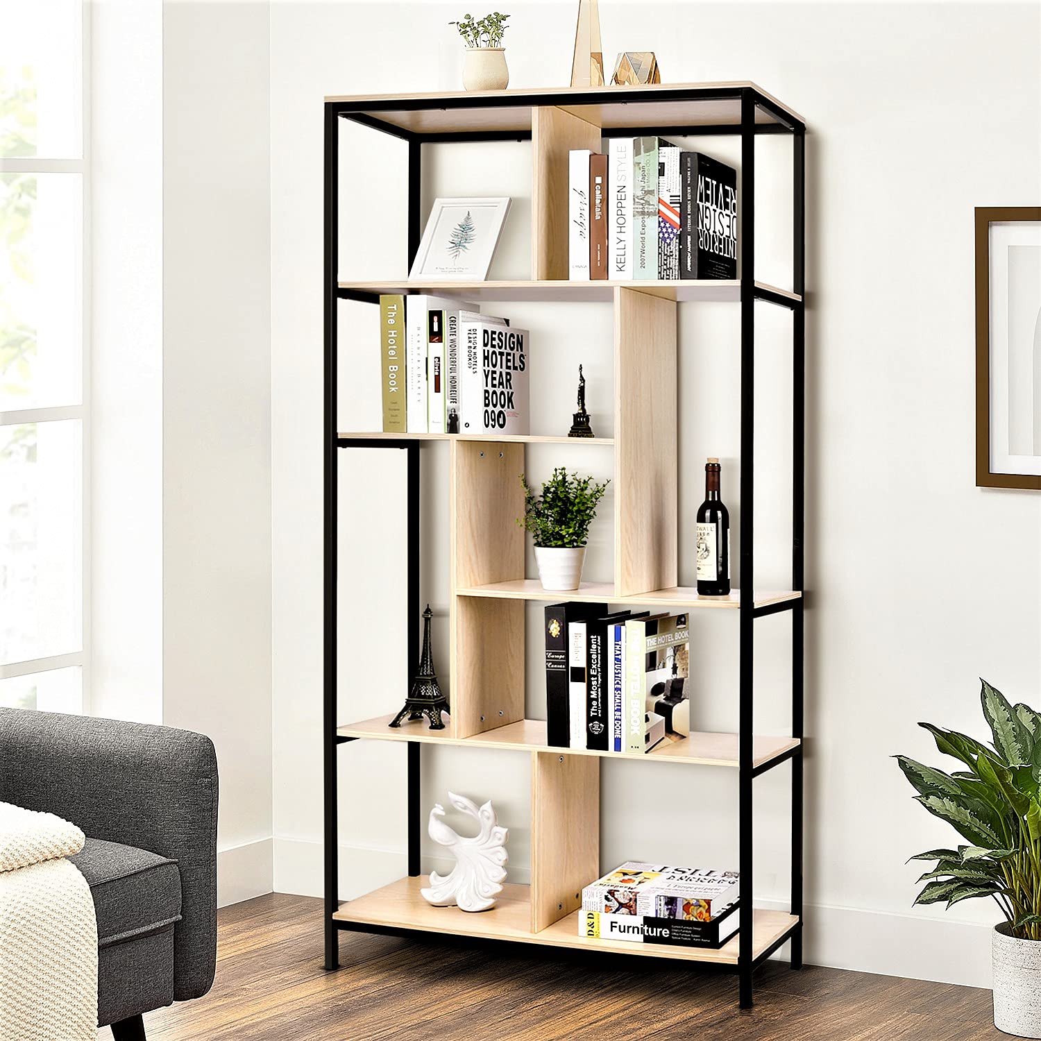 Buy Bookshelf Industrial Vintage Bookcase Modern Display Book Shelf 5 Tier Wood Look Metal Frame