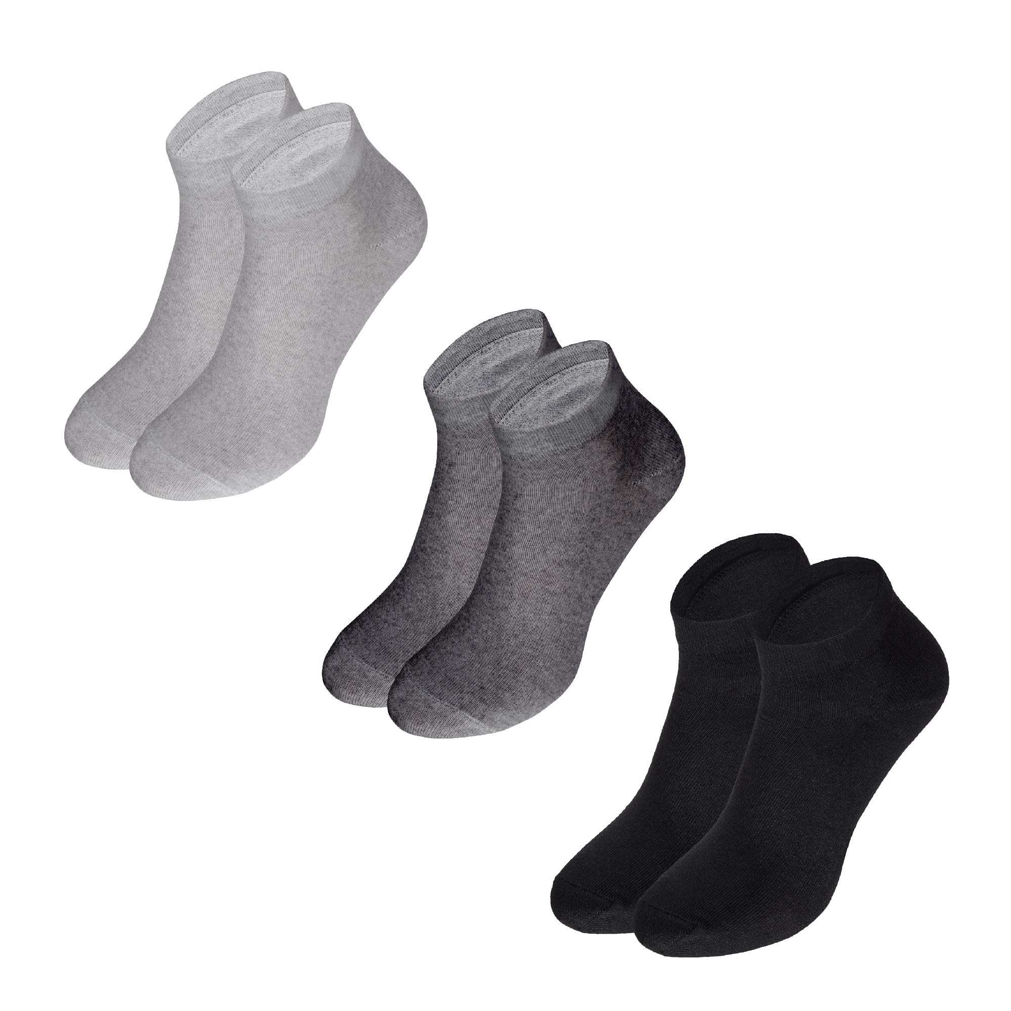 INTERCABO Pack de 12 pares de calcetines tobilleros para hombre y mujer, talla 40-46, en colores negro, gris oscuro y gris claro transpirables y cómodos, ideales para deport