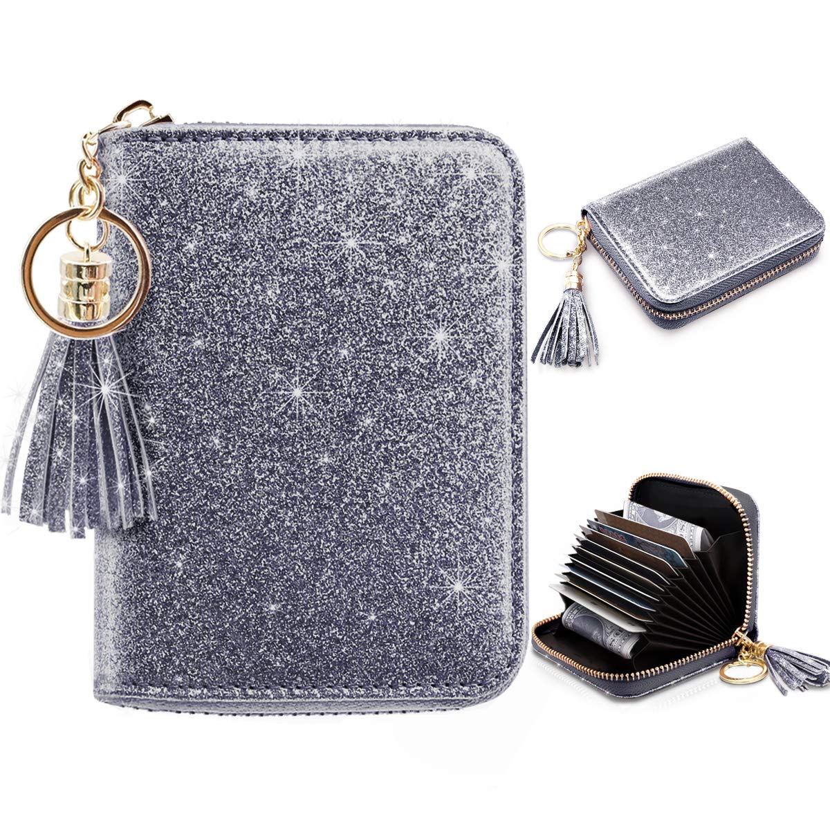 Coco Rossi Women's Small Credit Card Wallet RFID Cute Glitter Card Holder for Women, Grey
