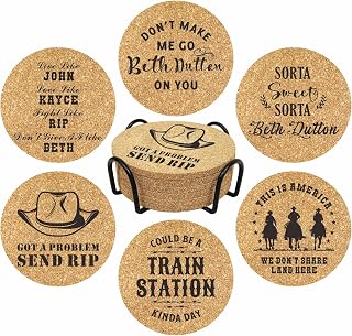 Yellowstone TV Show Merchandise Gifts, 6 Pcs Yellowstone Coasters with Metal Holder, Beth Dutton Drink Coasters Set - Birthday Housewarming Gifts