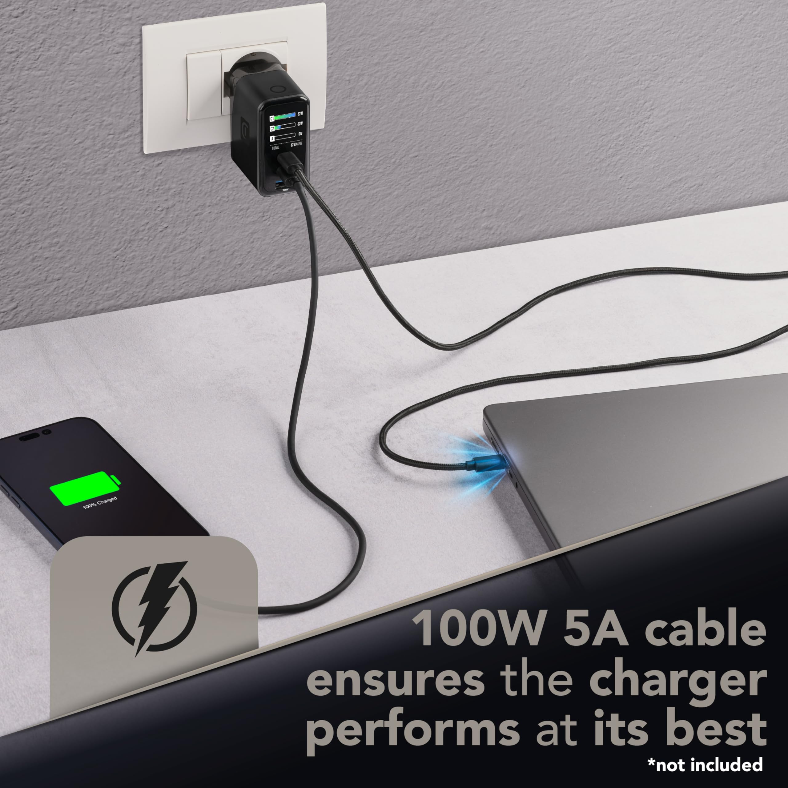 Cellularline PowerView IQ ładowarka sieciowa 67 W z wyświetlaczem TFT, czarna
