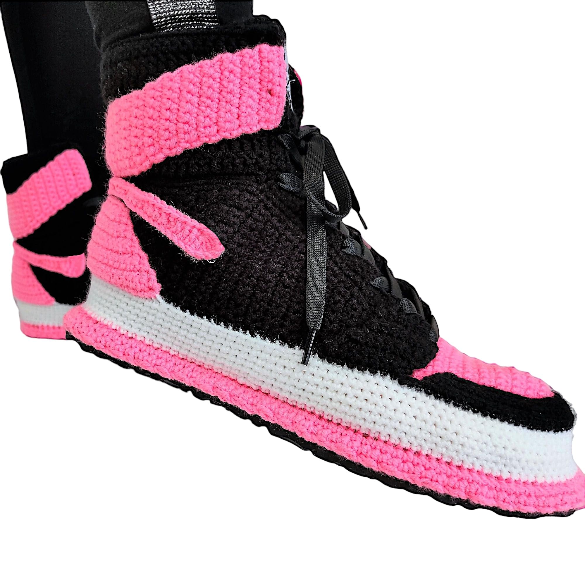 Handmade Crochet Jordan-Style High-Top Sneaker Slippers Custom Pink Black Unisex House Shoes with Non-Slip Rubber Sole Cozy Retro