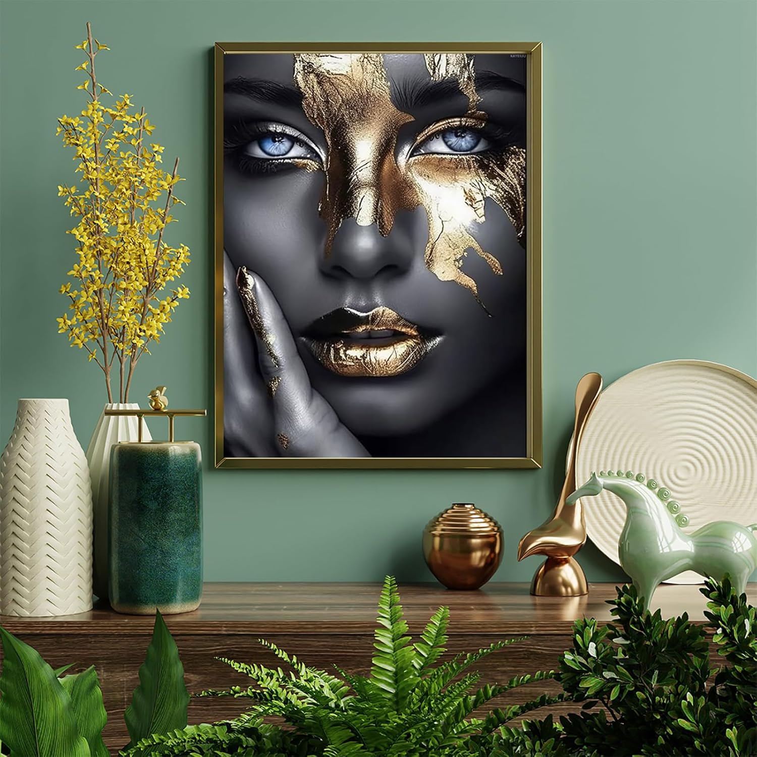 KAYEIUU African Art Black and Gold Woman Diamond Art Kits for Adults, DIY 5D Diamond Art Painting Kits for Beginners, Round Drill for Home Decor 12x16 inch