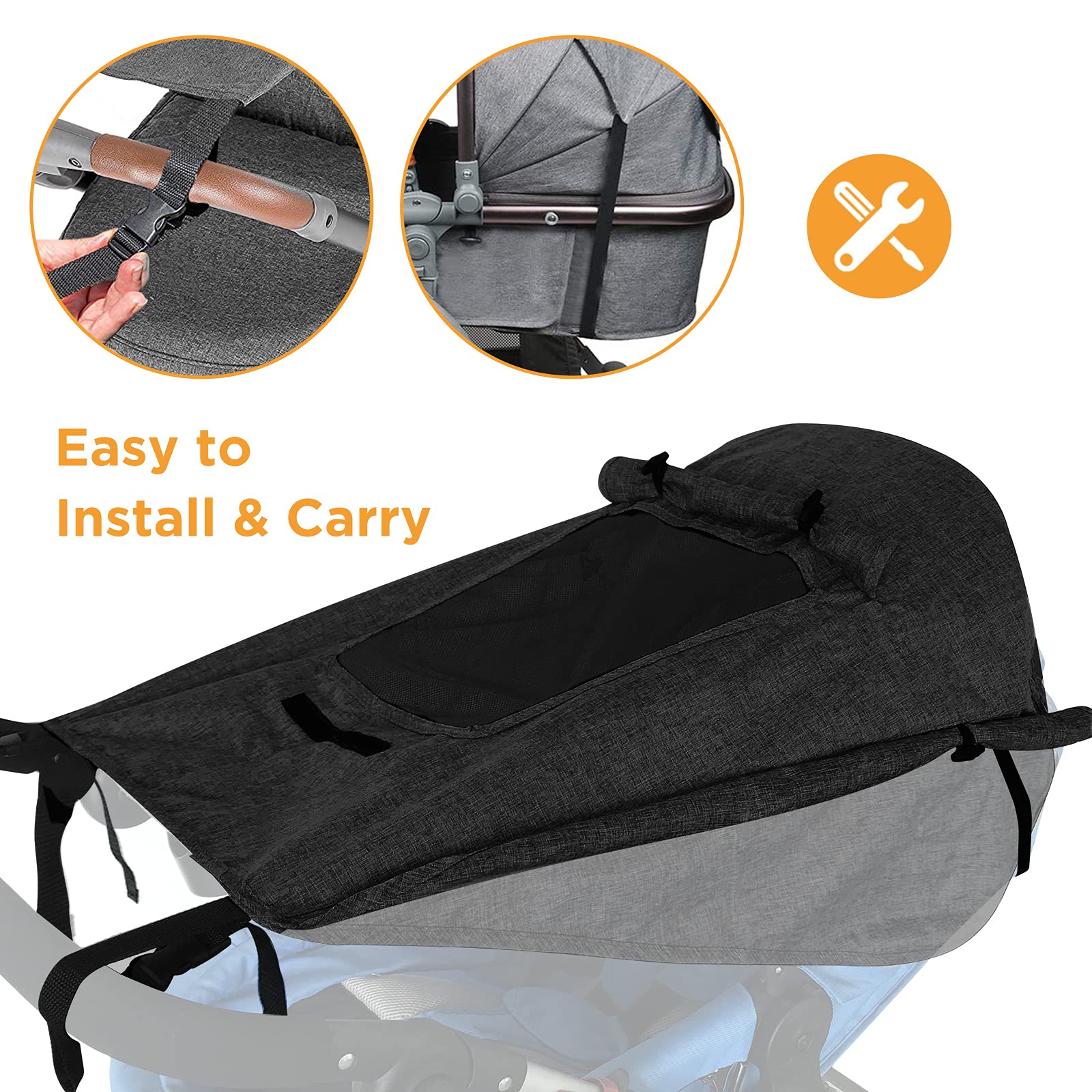 WD&CD Pram Sunshade Sun Cover with Viewing Window for Strollers Pushchairs UV Protection Water Resistant Easy to Install (Black) — view 4