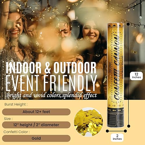 Miniatura 7 de Cañones de confeti de 12 pulgadas (paquete de 6)  Poppers de confeti de Mylar dorado  Disparadores de confeti de fiesta con aire para cumpleaños,