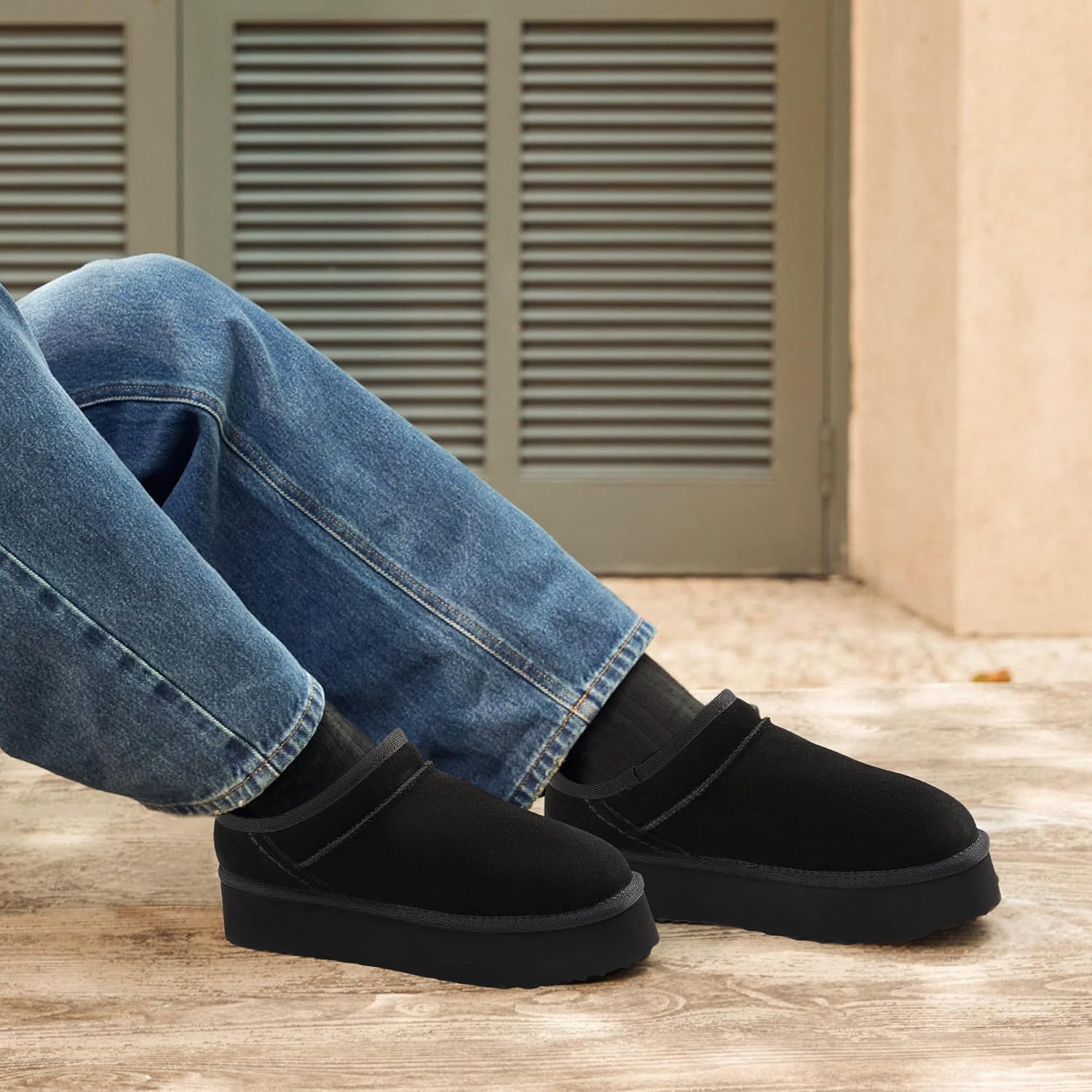 DREAM PAIRS Women's Slippers Platform Genuine Suede Slip-On Memory Foam Cozy Fluffy Warm Comfy Furry House Shoes for Outdoor Indoor