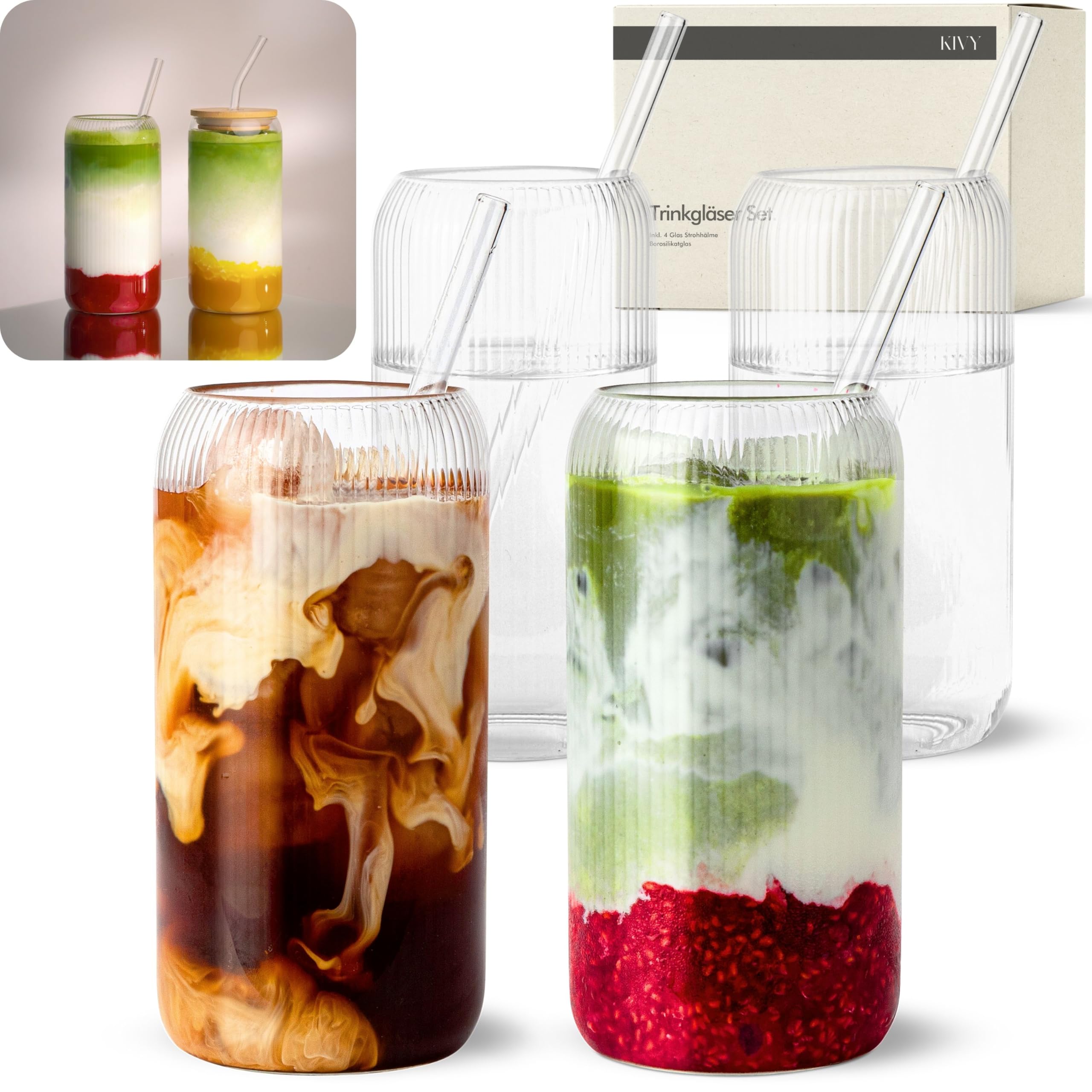 KIVY Bicchiere con Cannuccia Rigato [4x 450ml] Acqua, Caffè freddo e Matcha - Set Bicchieri Acqua Vetro - Bicchiere Vetro con Cannuccia - Bicchieri Ghiacciato - Senza BPA -Lavabile in Lavastoviglie