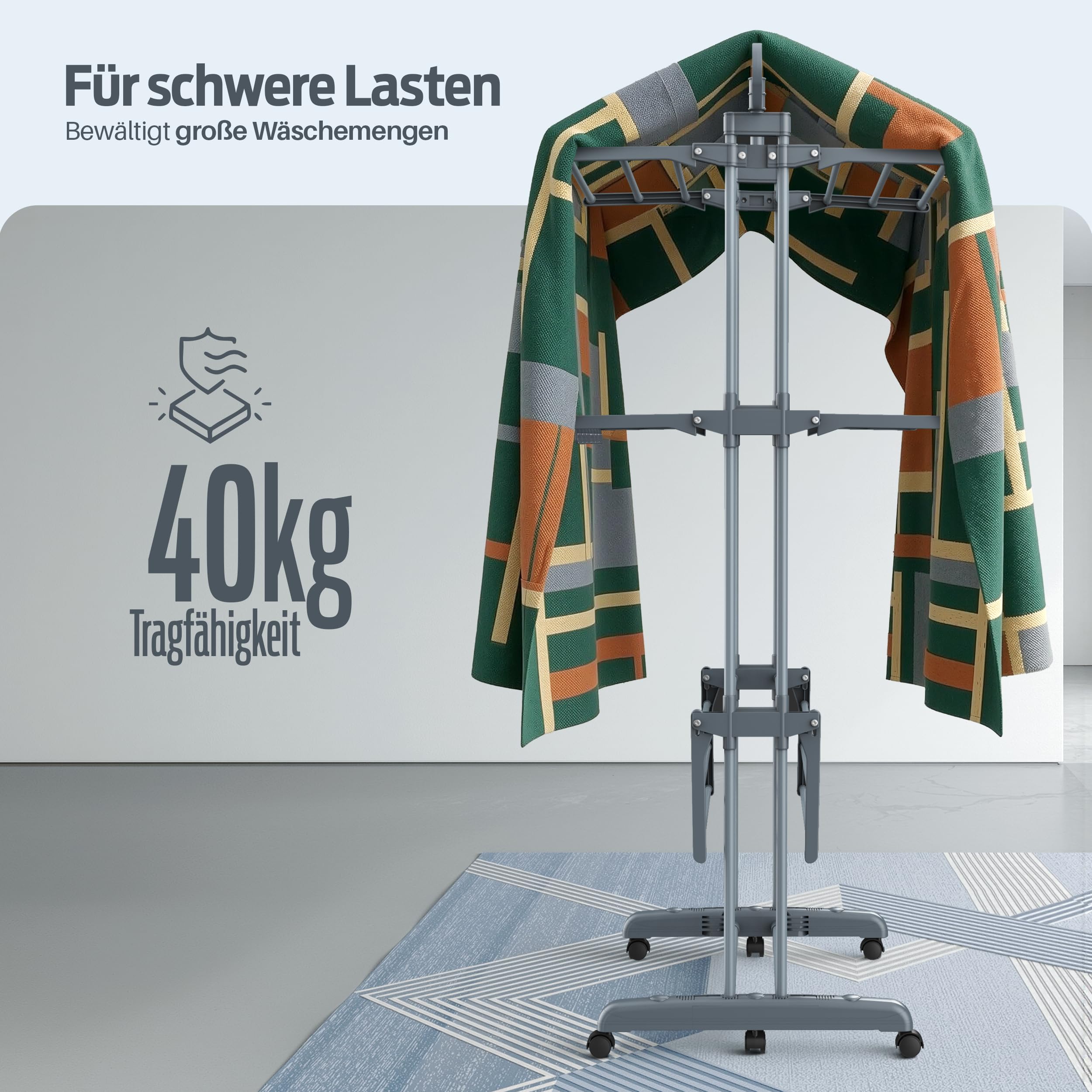 PORTENTUM Wäscheständer Turm klappbar mit 4 Ebenen und 24 Trockenstangen – Bis 40 kg – Wäschetrockner Ständer mit 2 Sockenhaltern – Für Innen- und Außenbereich – Rollen mit Feststellbremse