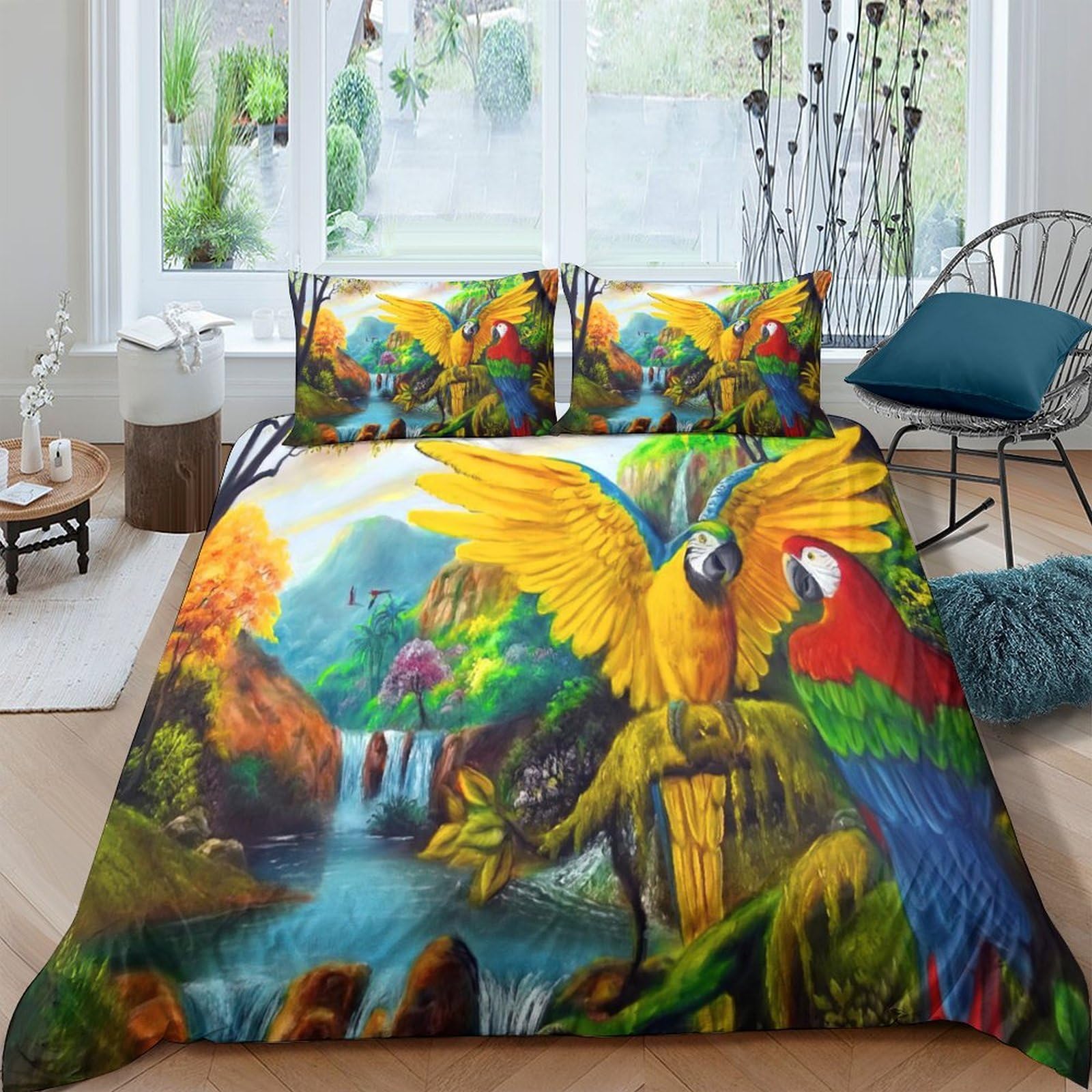 Ctjqhvkz Style-7 3D Printed Tropical Parrot Fitted Sheet Microfiber Jungle Waterfall Mattress Cover For Bedroom Dorm Easy Care Decor Single（135X200cm）