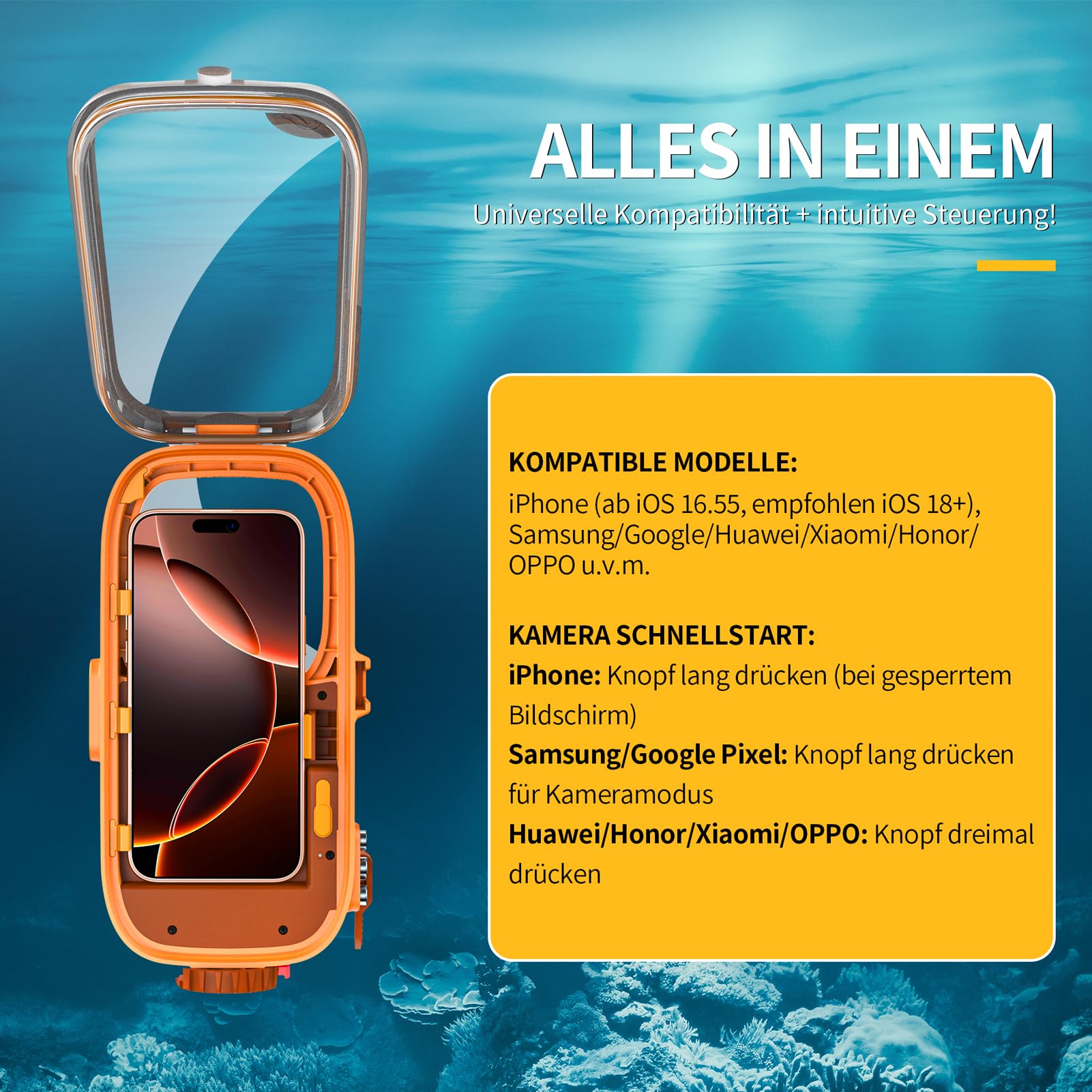 wasserdichte Handyhülle IPX8 Universelle Tauchen,Professionelle Unterwasser Hülle 15M Wasserfeste [Bluetooth Funktion][Einstellbarer Fokus] Case für iPhone Samsung Xiaomi 4.7-6.9",Orange