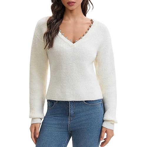 Froggirl Women’s Ribbed Knit V-Neck Sweater with Metallic Beads – Long Sleeve Pullover Soft Chunky Jumper Top