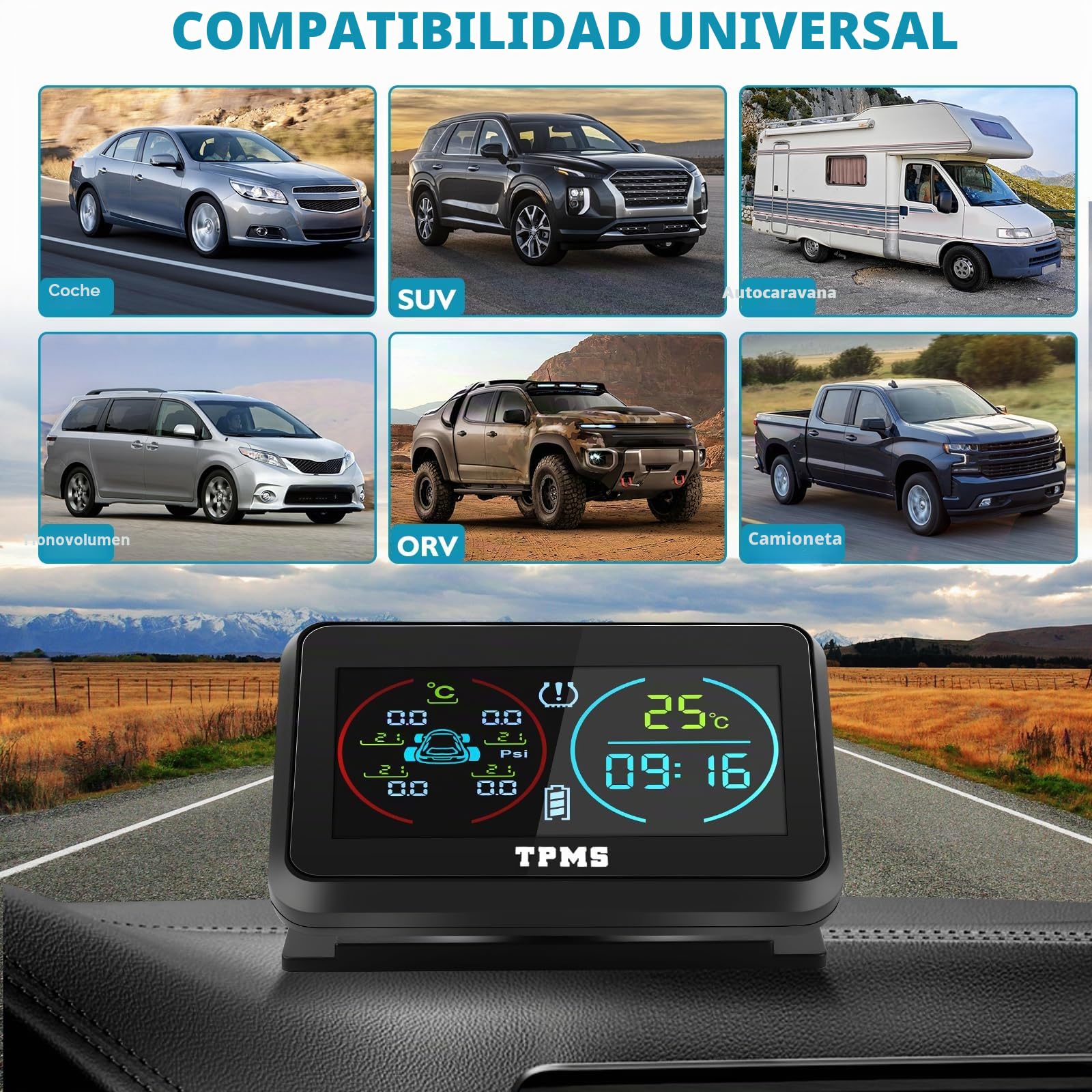 KAOLALI TPMS Sistema de monitoreo de presión de neumáticos, TPMS de visualización de Tiempo y Temperatura, Carga Solar y función de Carga USB, con 4 sensores externos de presión de neumáticos para RV