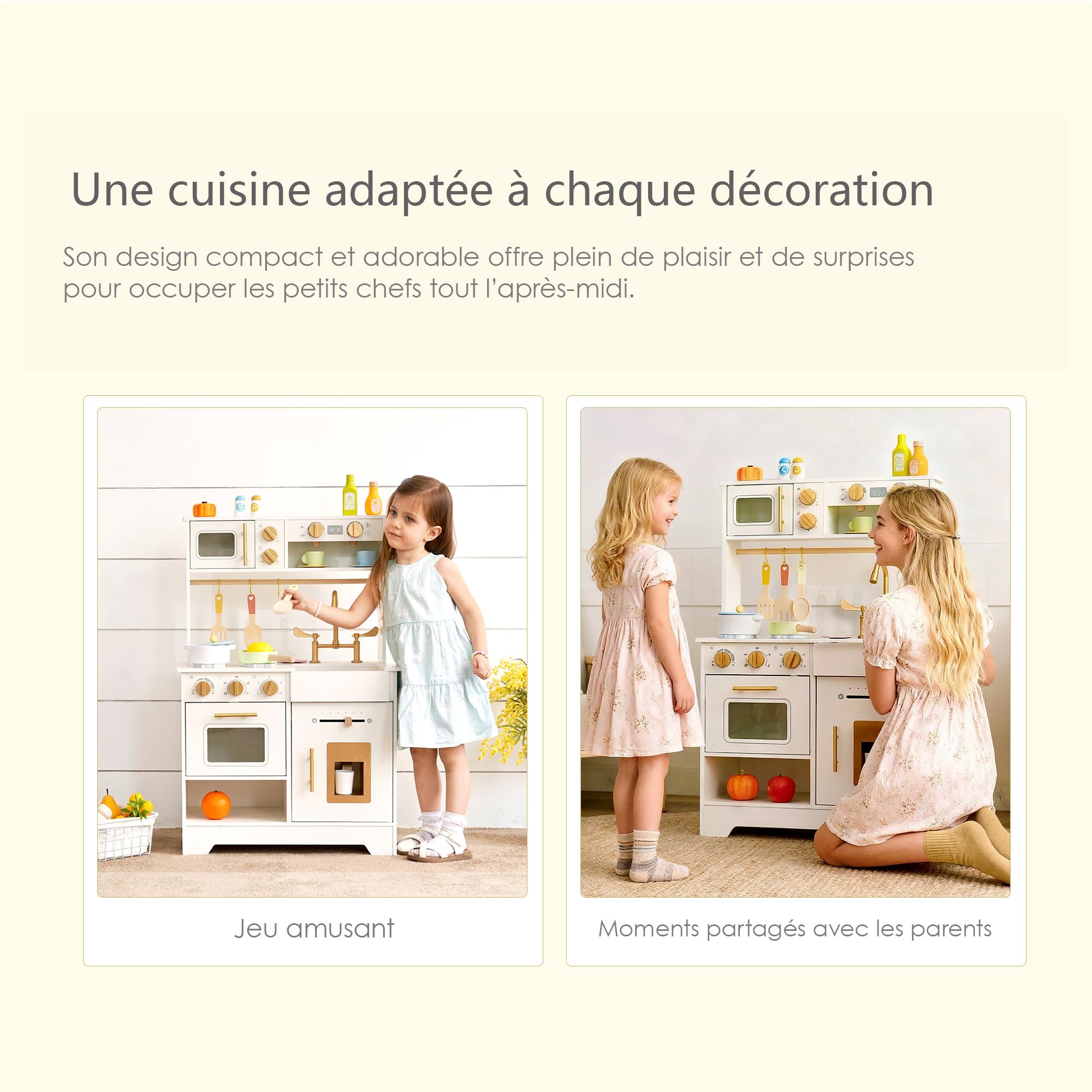 Cuisine Enfant en Bois avec Distributeur Glaçons, Ustensiles et Rangements | Accessoires Inclus évier, plaques de Cuisson, Micro-Ondes, Cuisine Blanche idéale pour Les Tout-Petits dès 3 Ans