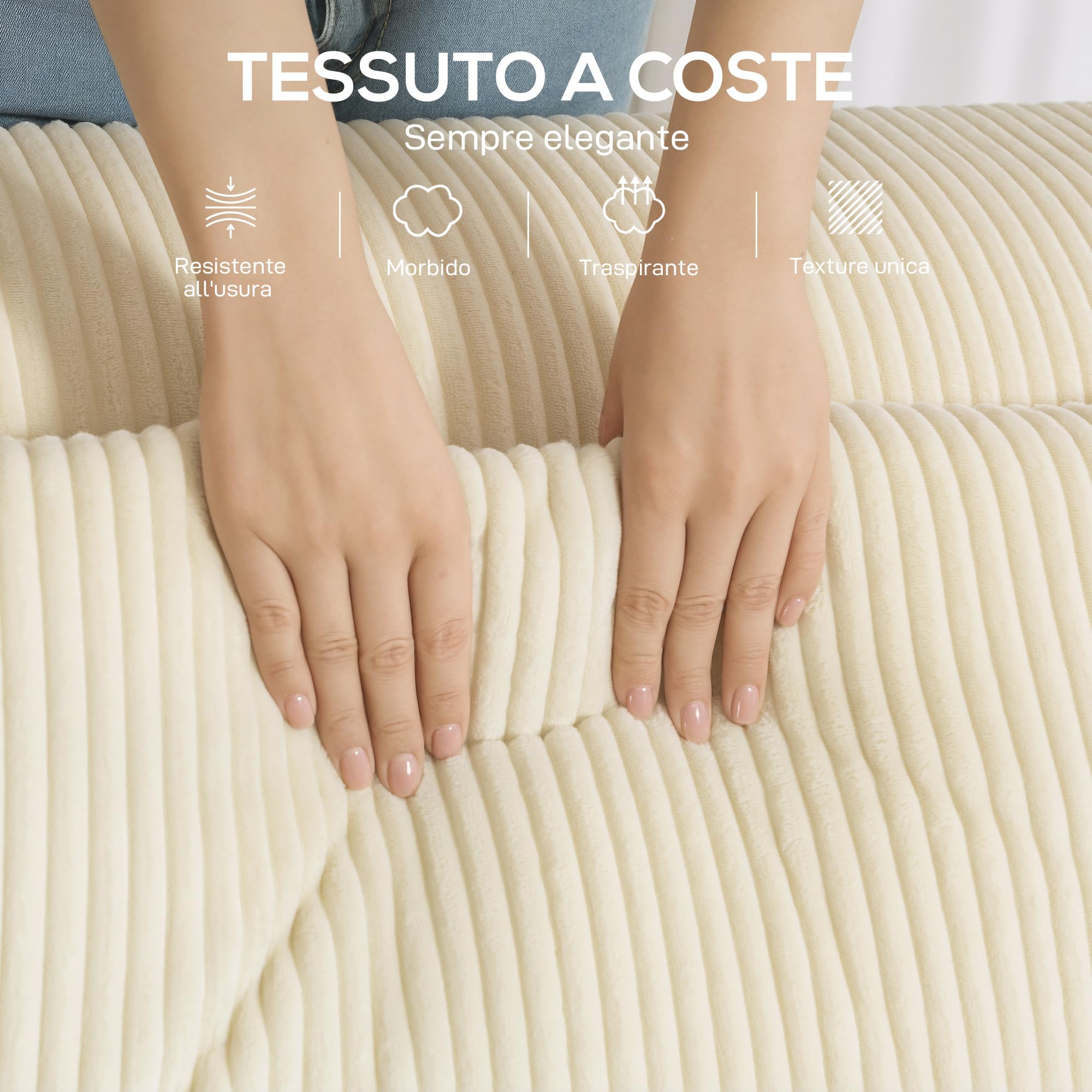 HOMCOM Divano 3 Posti Extra Profondo 65 cm Divanetto Modulare Beige | Senza Struttura, Imbottitura Spessa, Braccioli Larghi, 2 Cuscini, Sofà Moderno in Velluto a Coste, per Salotto e Soggiorno