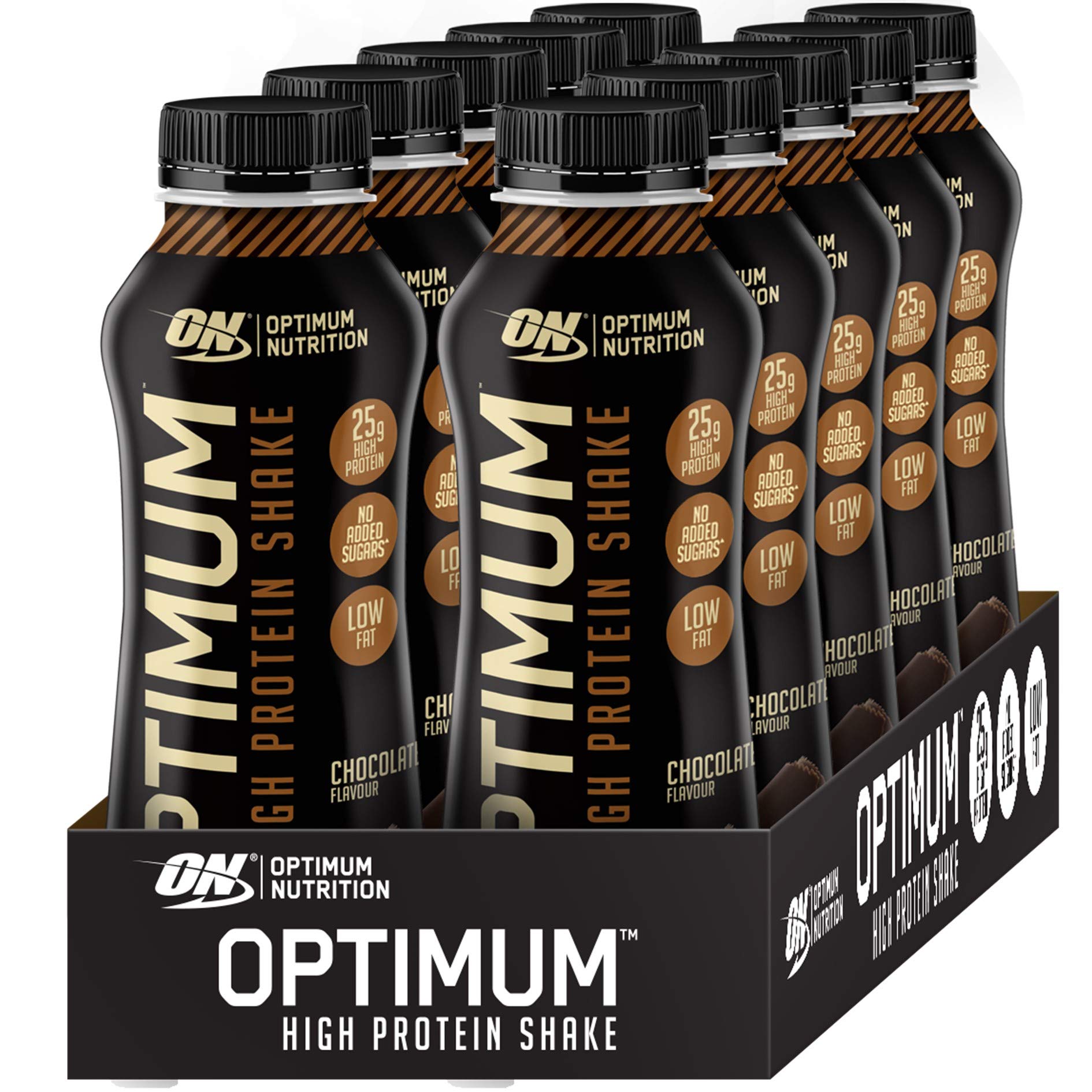 Optimum Nutrition High Protein Shake Bottles, Ready To Drink Healthy Snacks, No added sugars, low fat, Chocolate Flavour, 12x500ml, Packaging may vary