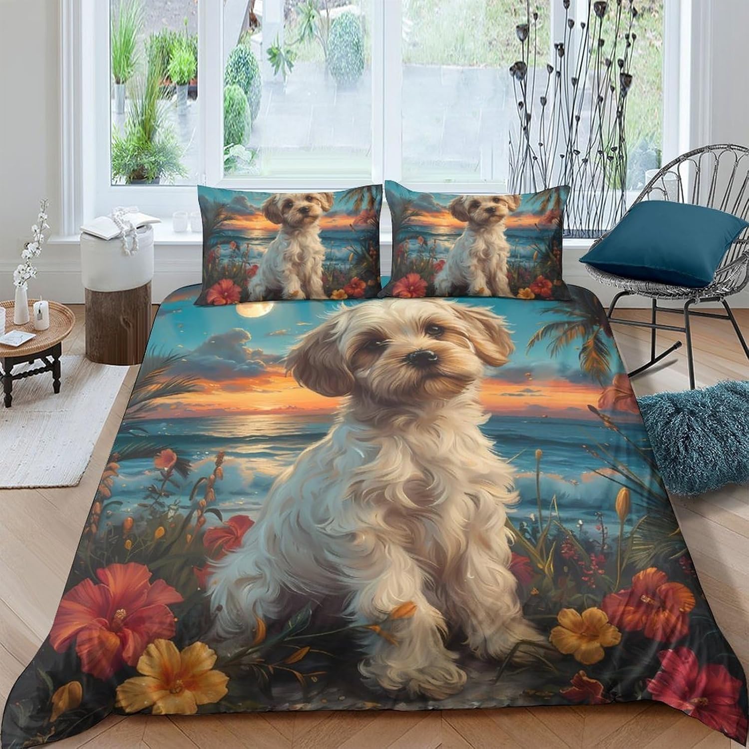 Housse de couette chien maltais 160x200 anti-plis en microfibre douce avec 2 taies