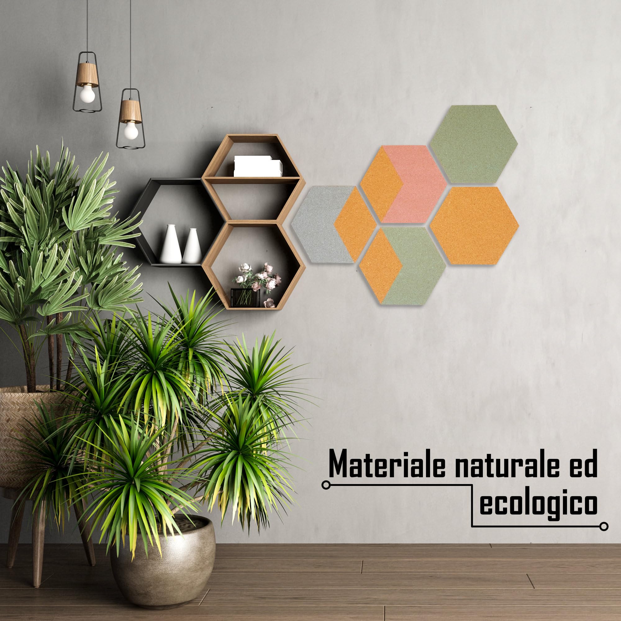 Pannello Esagonale in Sughero Adesivo per Decorazione Parete (5 Pezzi) - Quadro Decorativo Con Puntine e Pinze - Piastrelle in Vero Sughero per Moodboard